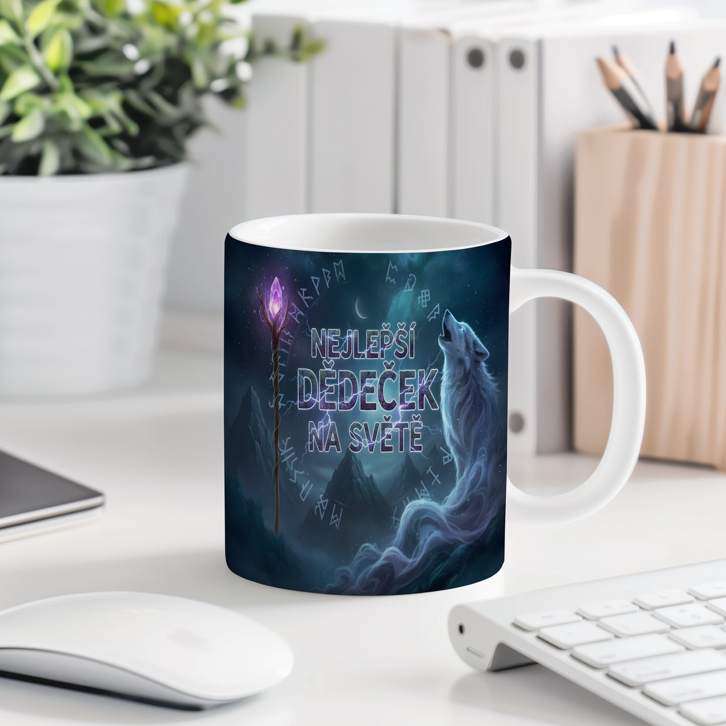 Hrnek s motivem vlka a nápisem NEJLEPŠÍ DĚDEČEK NA SVĚTĚ.