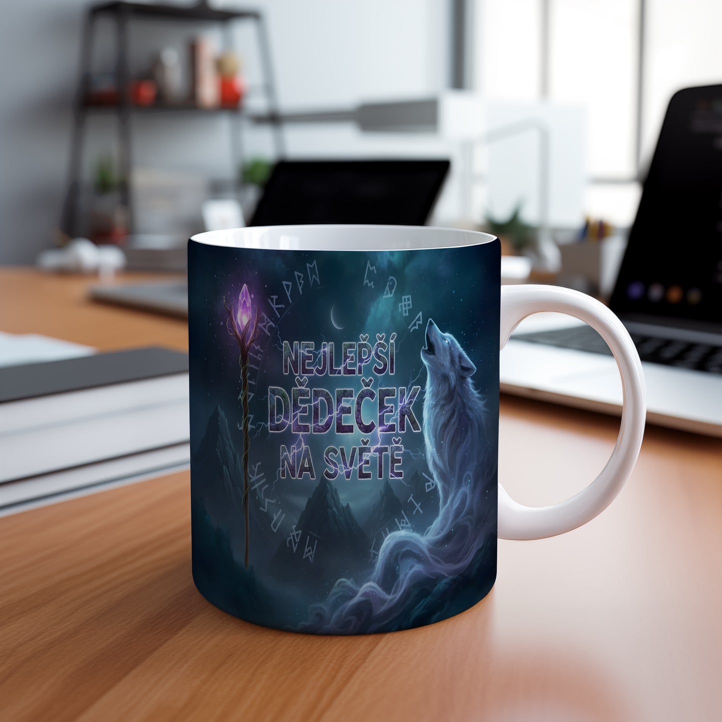 Hrnek s motivem vlka a nápisem NEJLEPŠÍ DĚDEČEK NA SVĚTĚ.