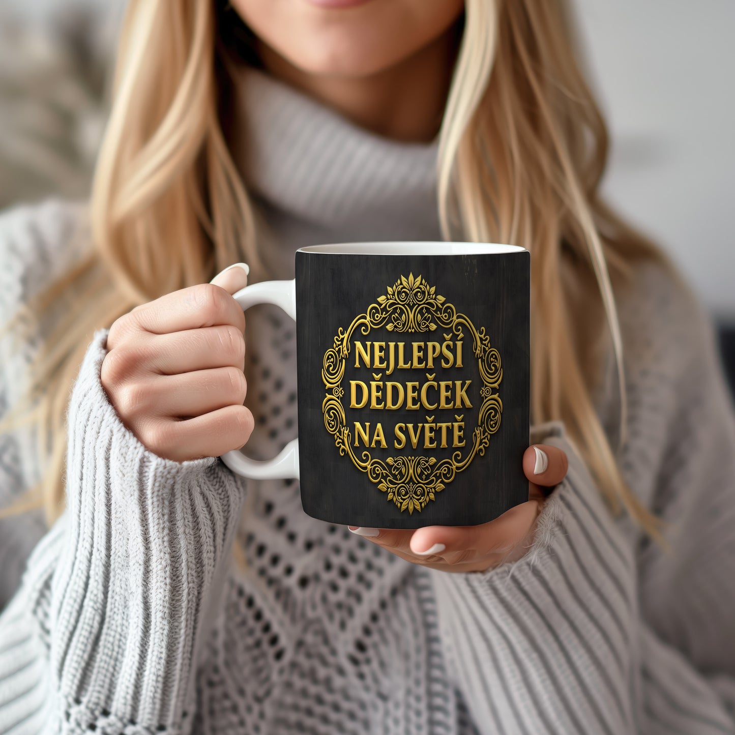 Černý hrnek se zlatými ornamenty a nápisem 'NEJLEPŠÍ DĚDEČEK NA SVĚTĚ'.