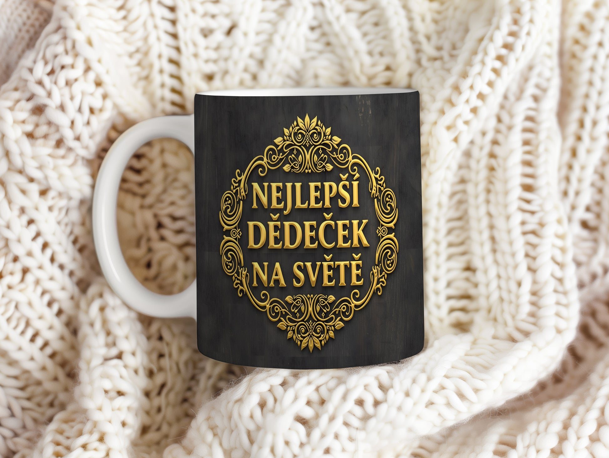 Černý hrnek se zlatými ornamenty a nápisem 'NEJLEPŠÍ DĚDEČEK NA SVĚTĚ'.