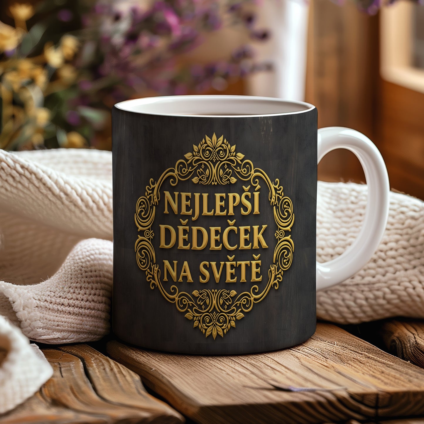 Černý hrnek se zlatými ornamenty a nápisem 'NEJLEPŠÍ DĚDEČEK NA SVĚTĚ'.