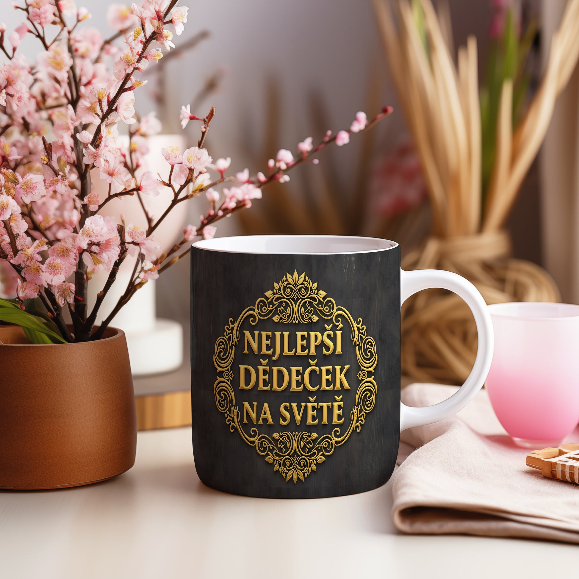 Černý hrnek se zlatými ornamenty a nápisem 'NEJLEPŠÍ DĚDEČEK NA SVĚTĚ'.