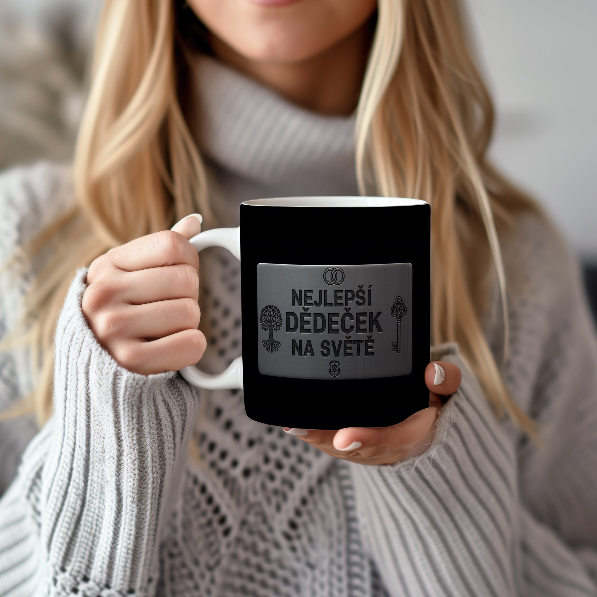 Černý hrnek s kovovým vzhledem a nápisem 'NEJLEPŠÍ DĚDEČEK NA SVĚTĚ'.