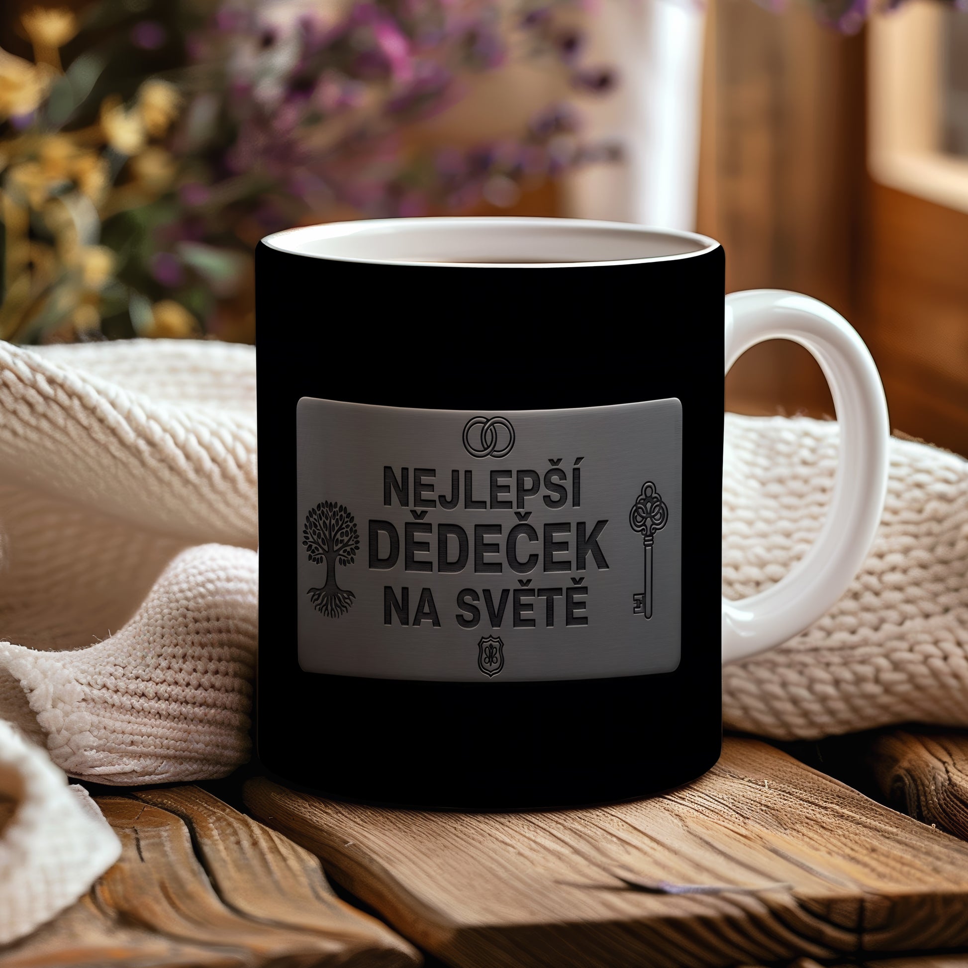 Černý hrnek s kovovým vzhledem a nápisem 'NEJLEPŠÍ DĚDEČEK NA SVĚTĚ'.