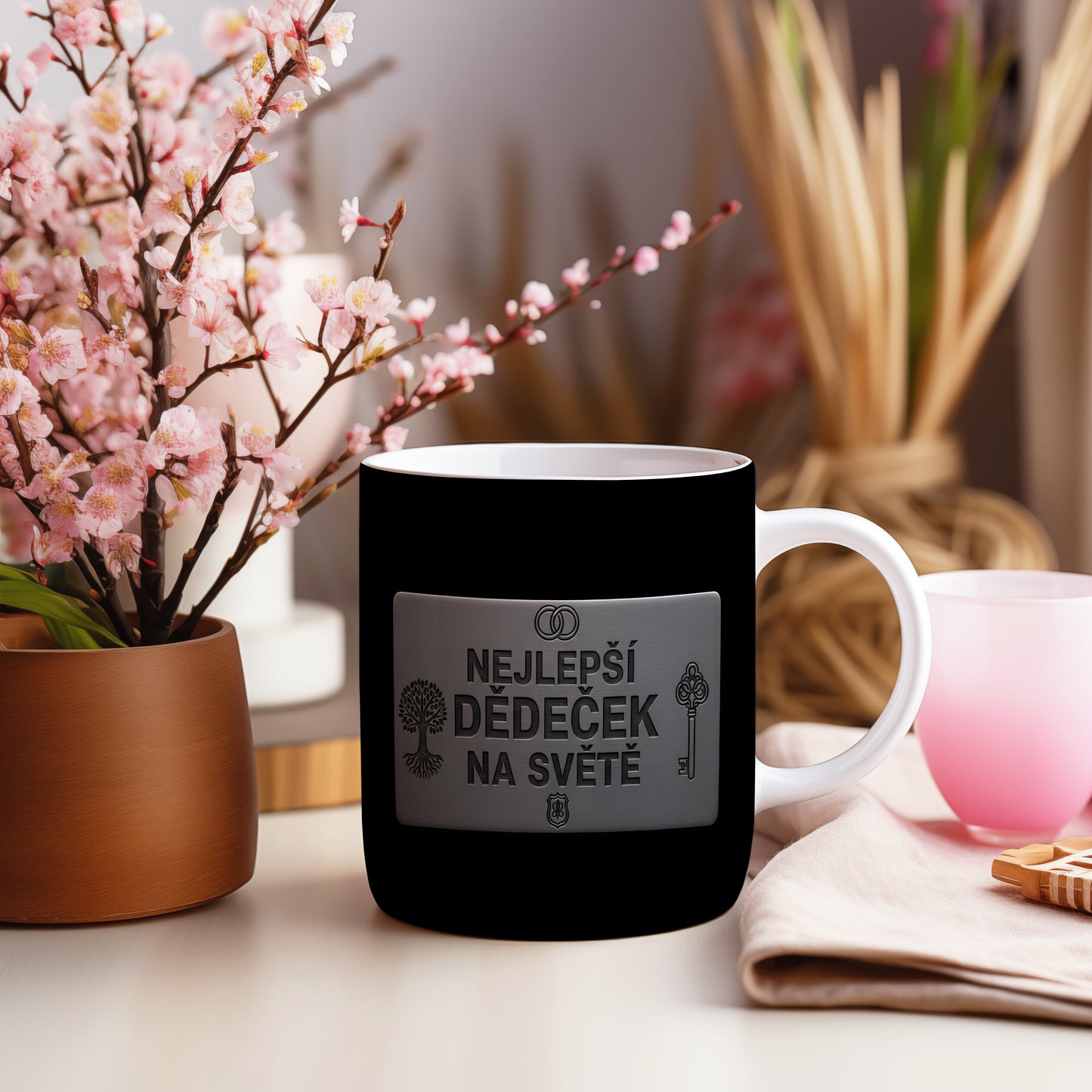 Černý hrnek s kovovým vzhledem a nápisem 'NEJLEPŠÍ DĚDEČEK NA SVĚTĚ'.