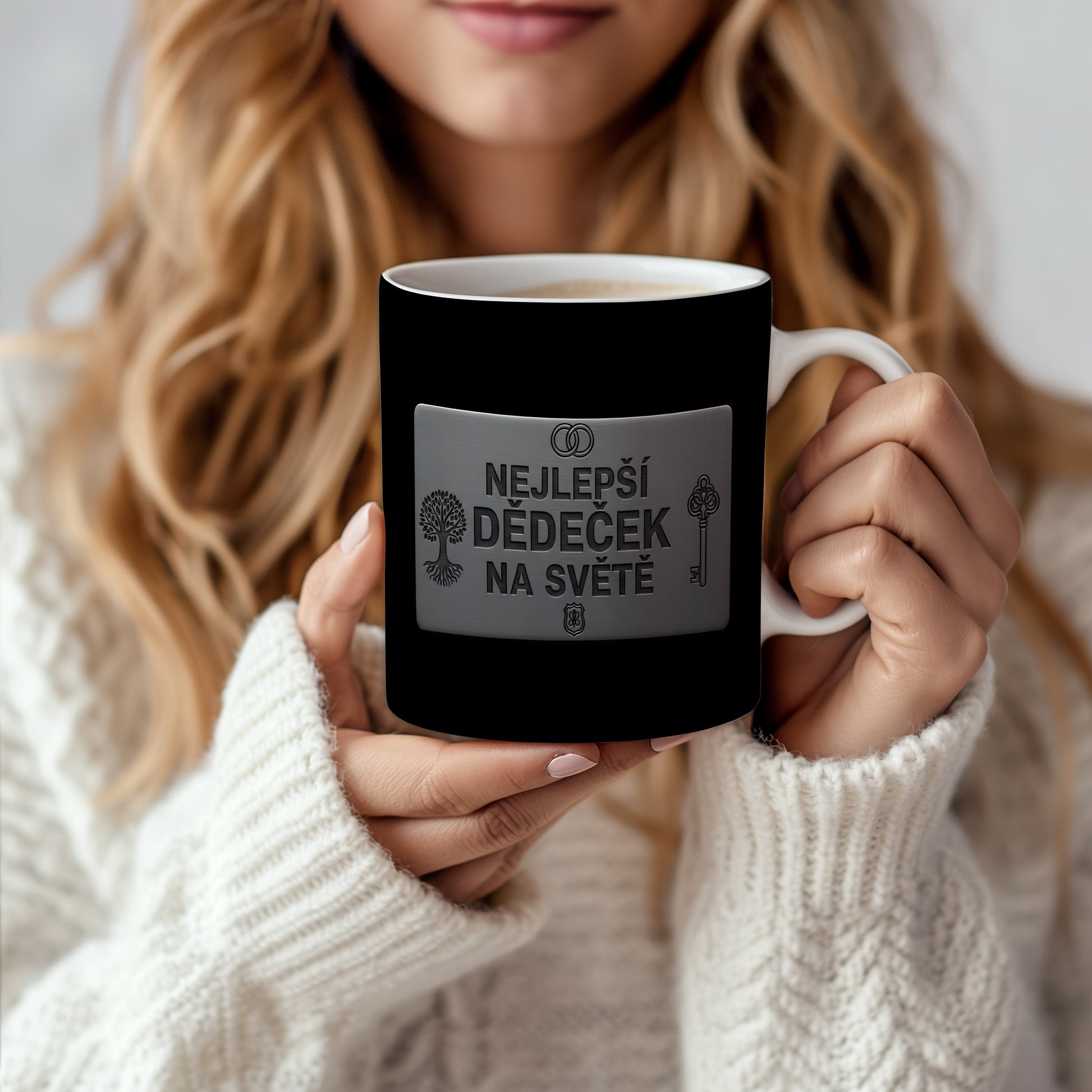 Černý hrnek s kovovým vzhledem a nápisem 'NEJLEPŠÍ DĚDEČEK NA SVĚTĚ'.