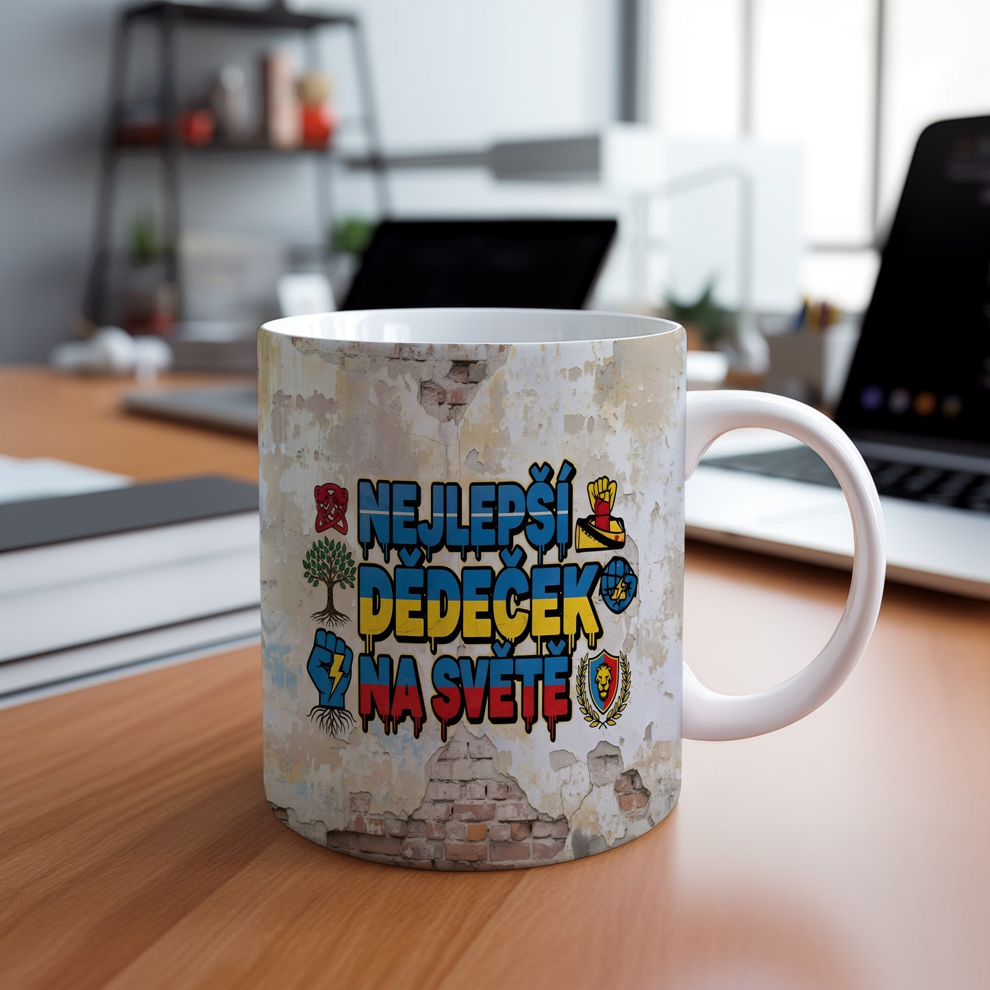 Hrnek s nápisem NEJLEPŠÍ DĚDEČEK NA SVĚTĚ v moderním street art stylu.