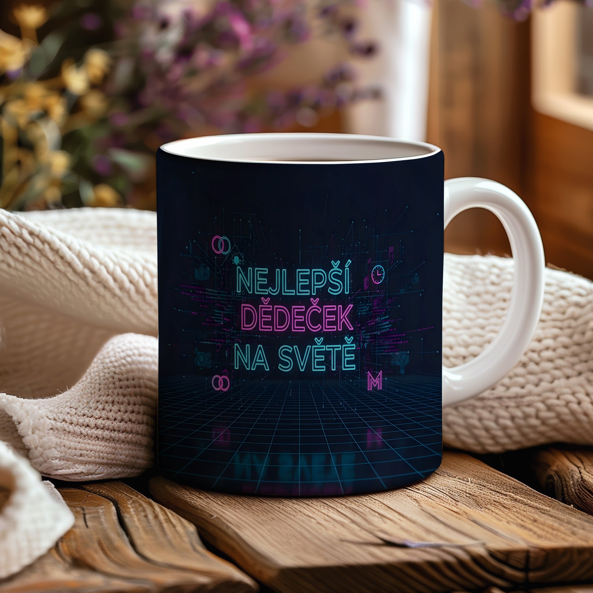 Hrnek s nápisem NEJLEPŠÍ DĚDEČEK NA SVĚTĚ v moderním designu.