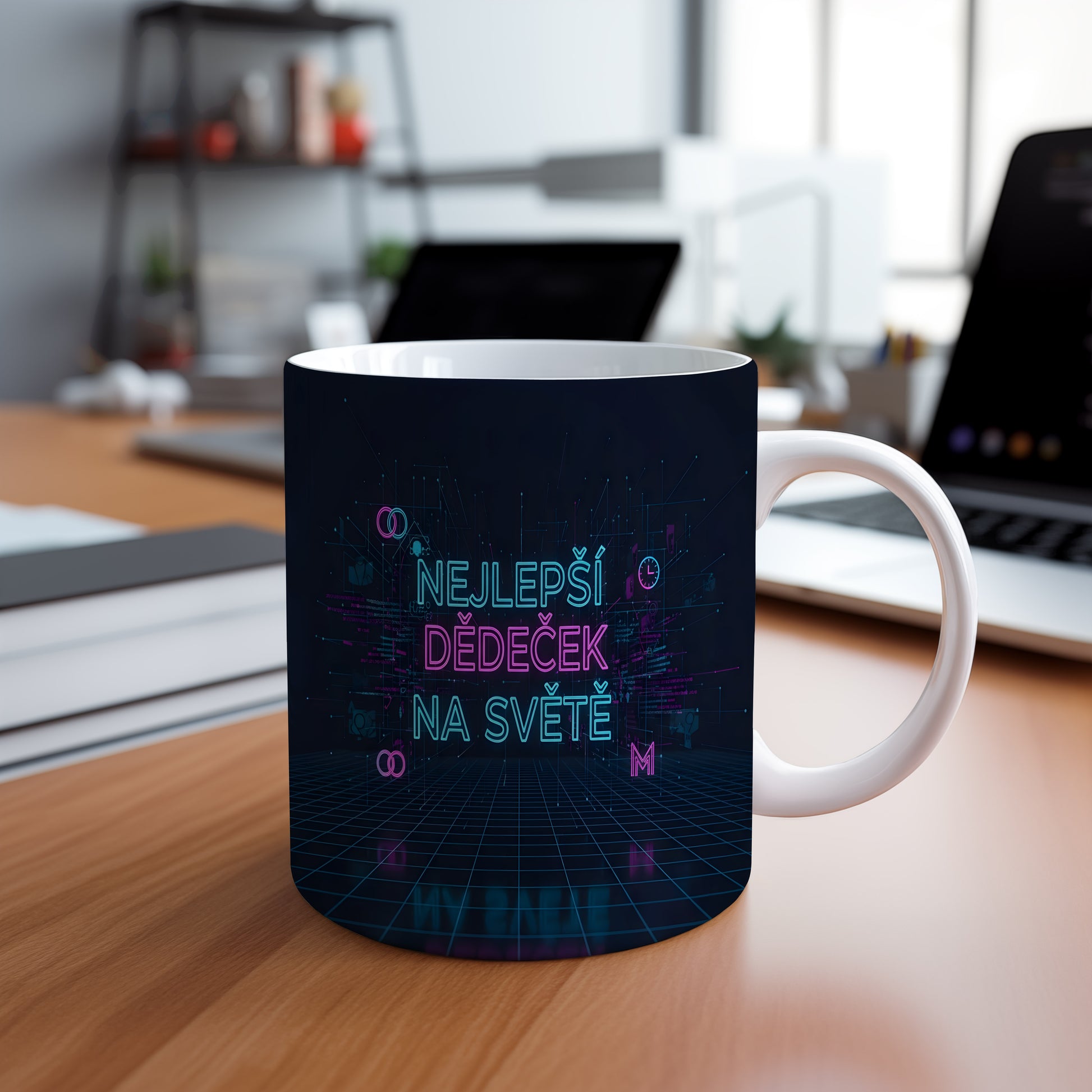 Hrnek s nápisem NEJLEPŠÍ DĚDEČEK NA SVĚTĚ v moderním designu.