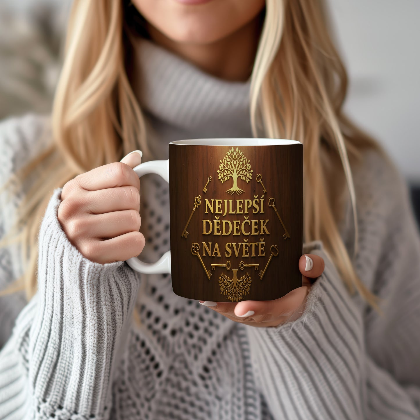 Hrnek s nápisem 'NEJLEPŠÍ DĚDEČEK NA SVĚTĚ' na dřevěném pozadí se zlatými klíči.