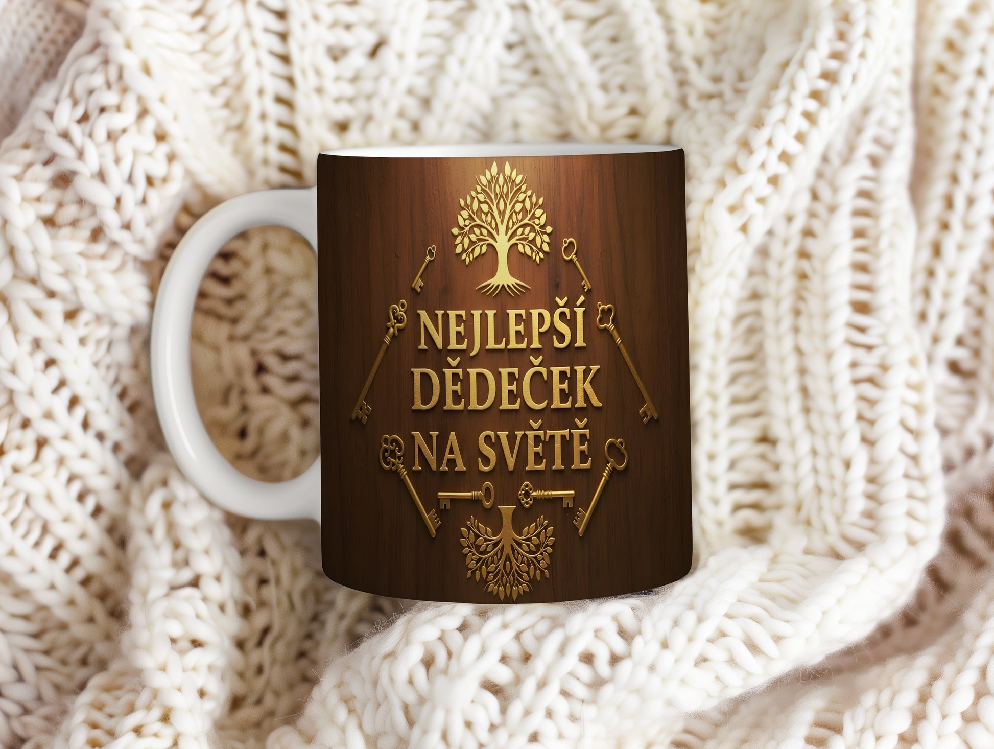 Hrnek s nápisem 'NEJLEPŠÍ DĚDEČEK NA SVĚTĚ' na dřevěném pozadí se zlatými klíči.