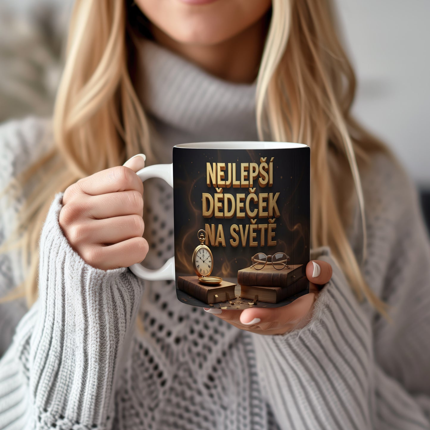 Hrnek s nápisem NEJLEPŠÍ DĚDEČEK NA SVĚTĚ a vintage motivy.