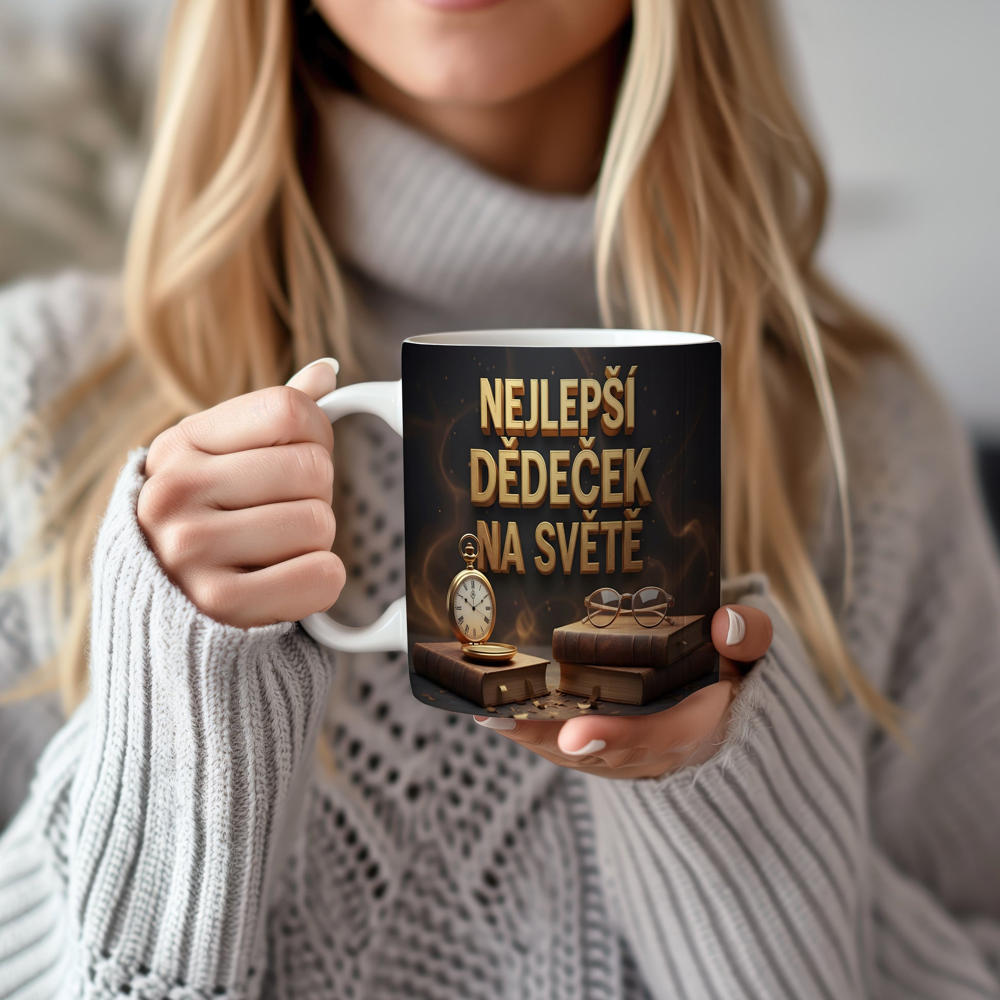 Hrnek s nápisem NEJLEPŠÍ DĚDEČEK NA SVĚTĚ a vintage motivy.