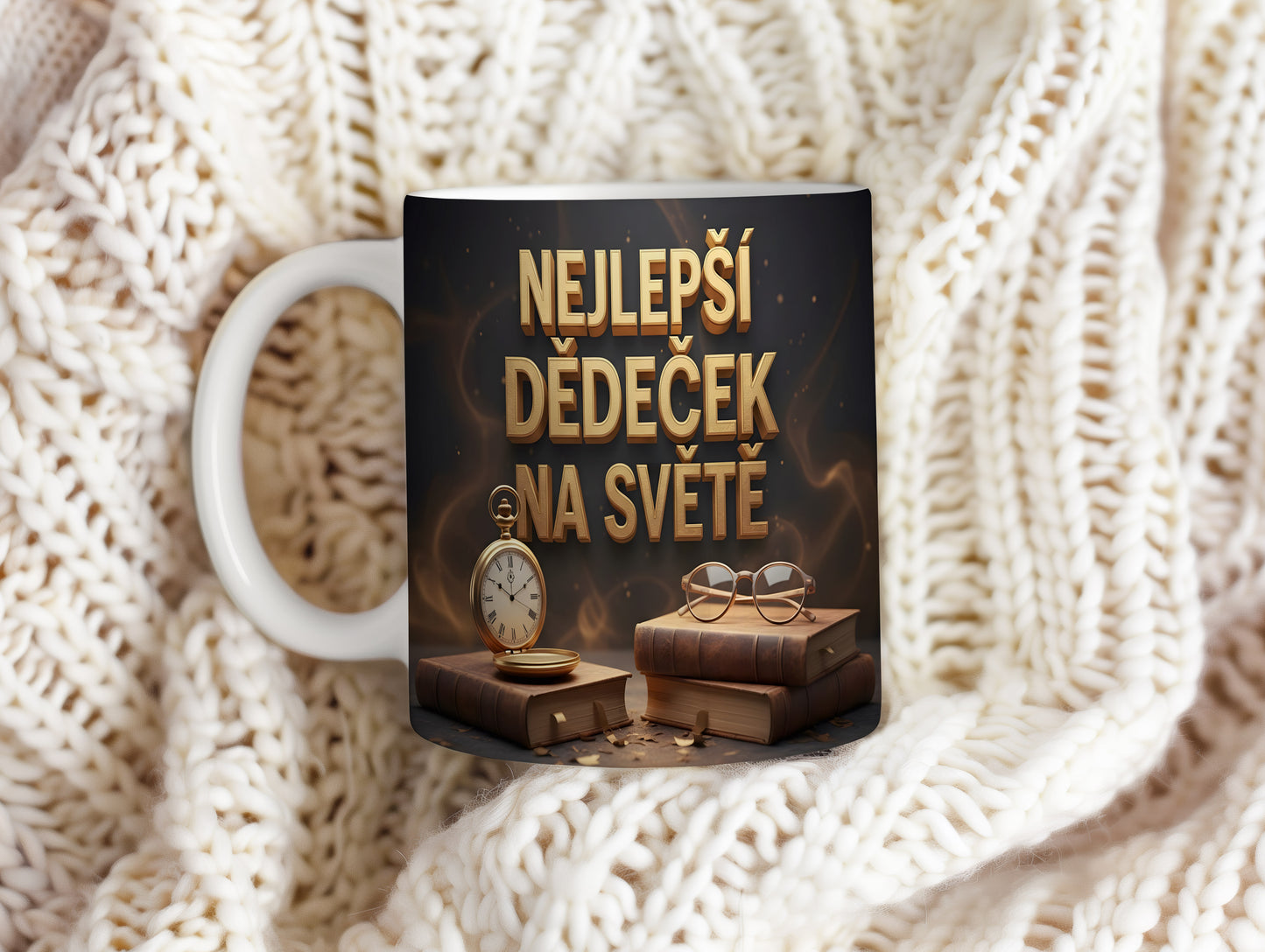 Hrnek s nápisem NEJLEPŠÍ DĚDEČEK NA SVĚTĚ a vintage motivy.