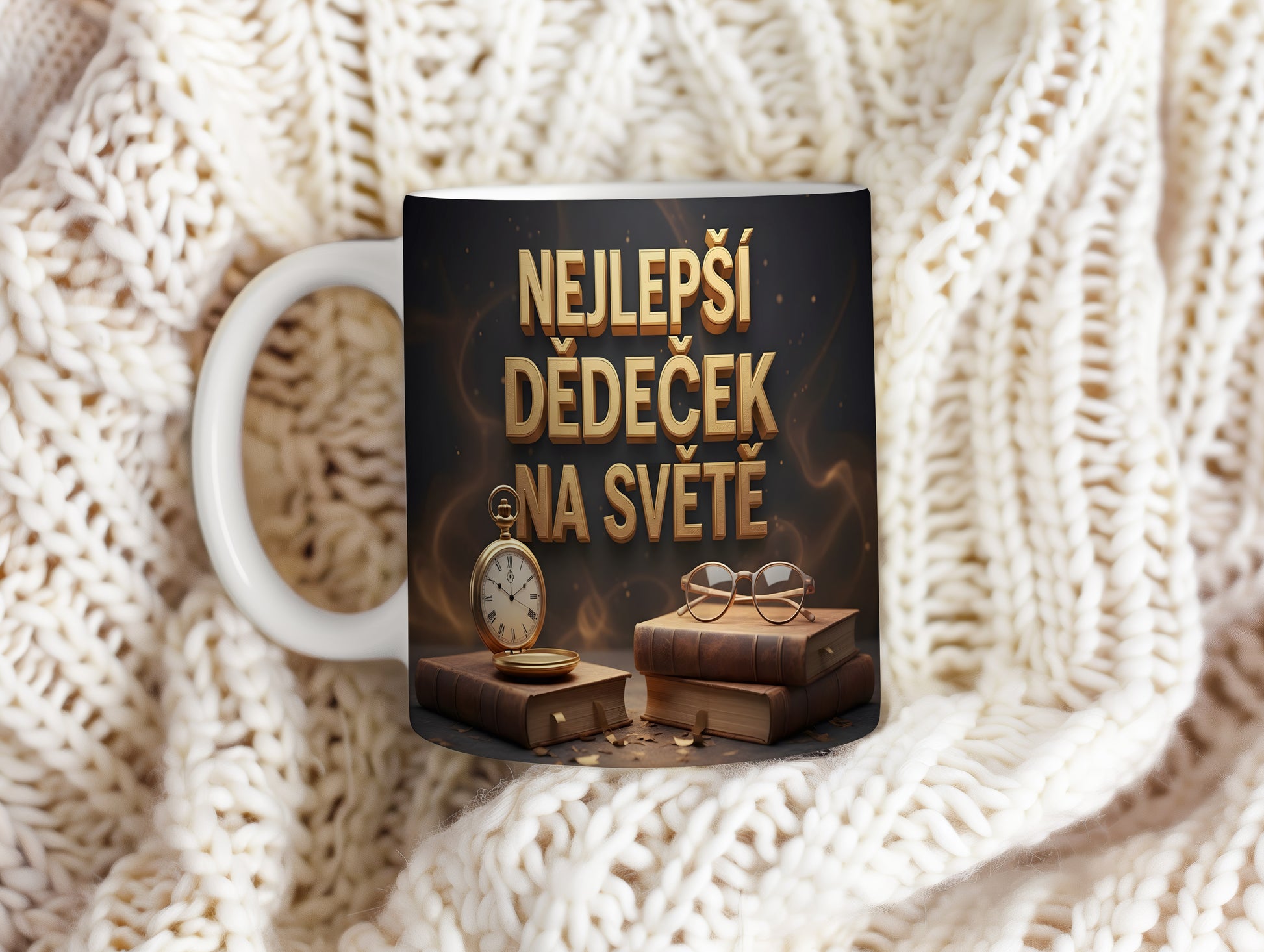 Hrnek s nápisem NEJLEPŠÍ DĚDEČEK NA SVĚTĚ a vintage motivy.