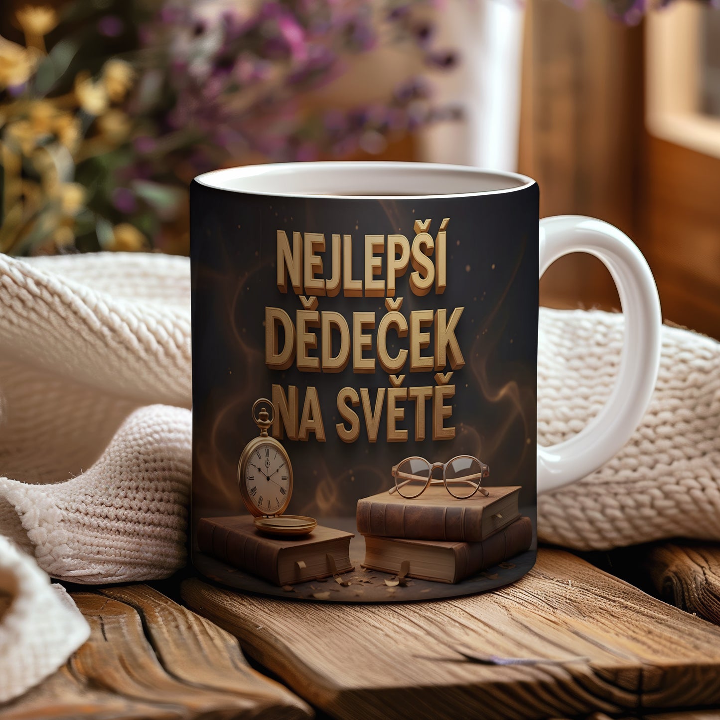 Hrnek s nápisem NEJLEPŠÍ DĚDEČEK NA SVĚTĚ a vintage motivy.