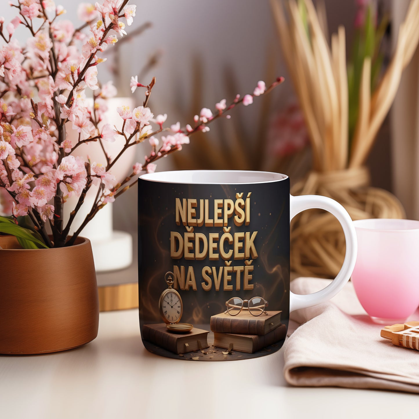 Hrnek s nápisem NEJLEPŠÍ DĚDEČEK NA SVĚTĚ a vintage motivy.