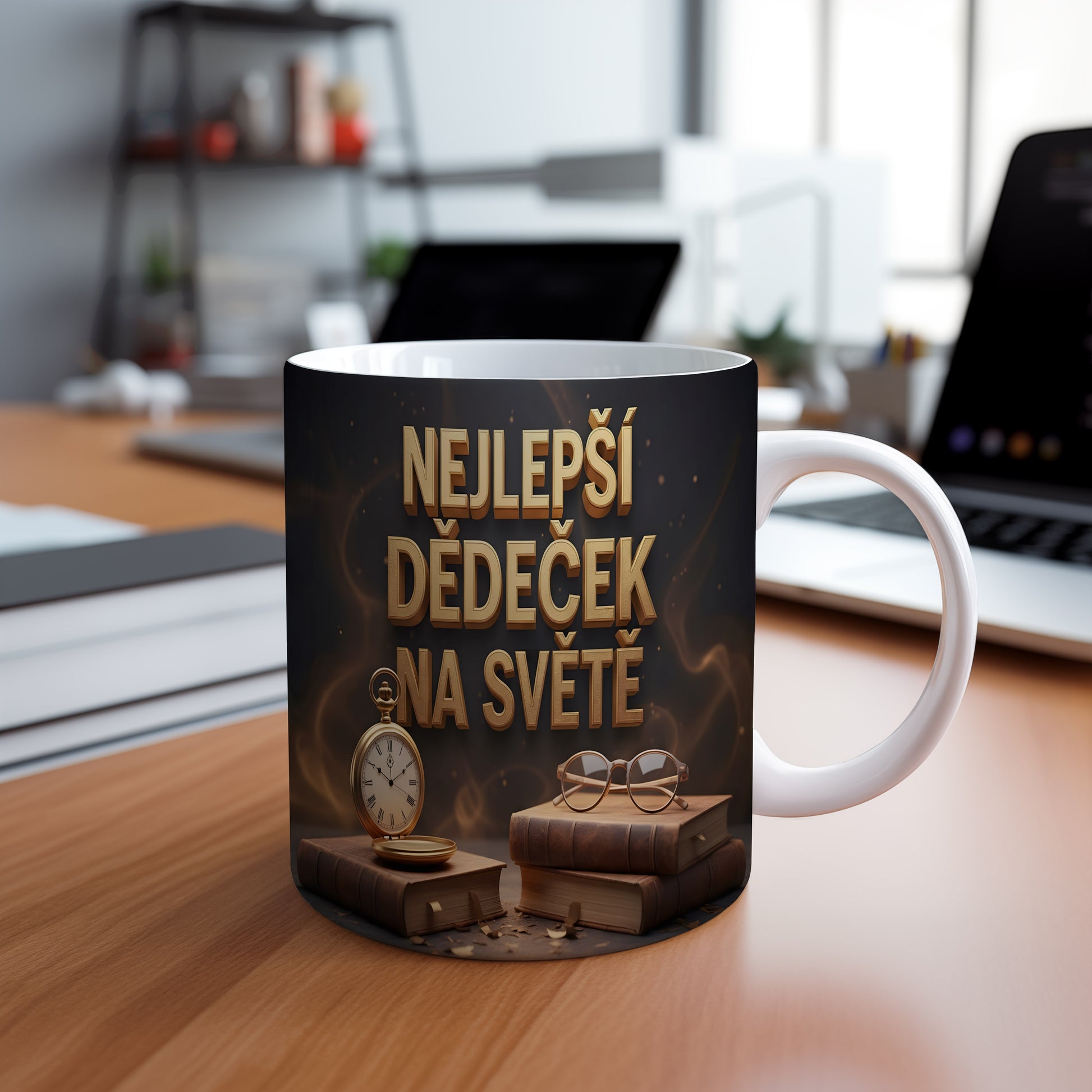 Hrnek s nápisem NEJLEPŠÍ DĚDEČEK NA SVĚTĚ a vintage motivy.