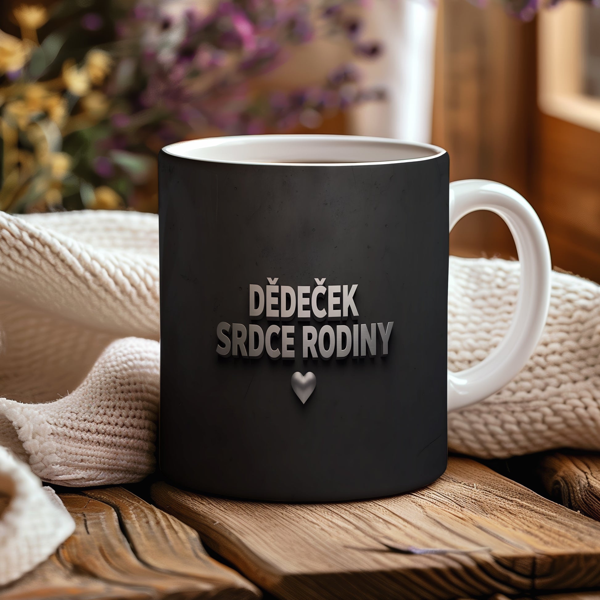 Černý hrnek s nápisem 'DĚDEČEK SRDCE RODINY' a stříbrným srdcem.