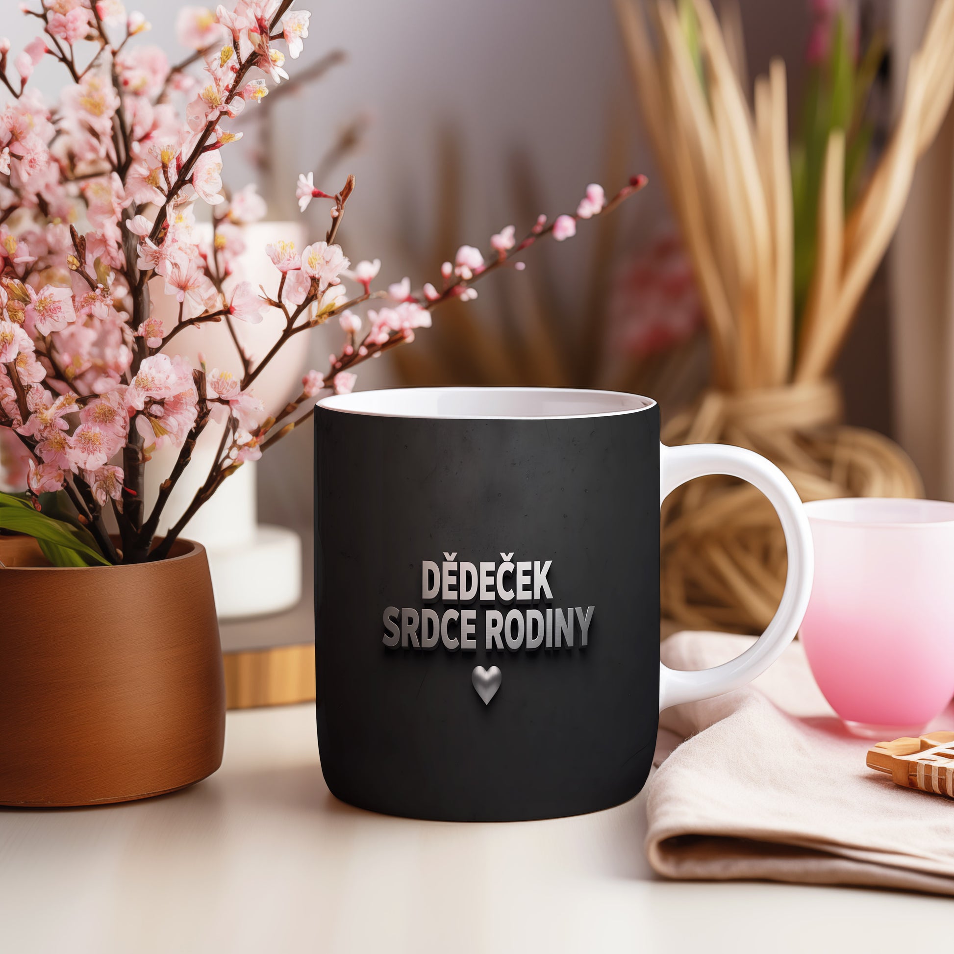 Černý hrnek s nápisem 'DĚDEČEK SRDCE RODINY' a stříbrným srdcem.