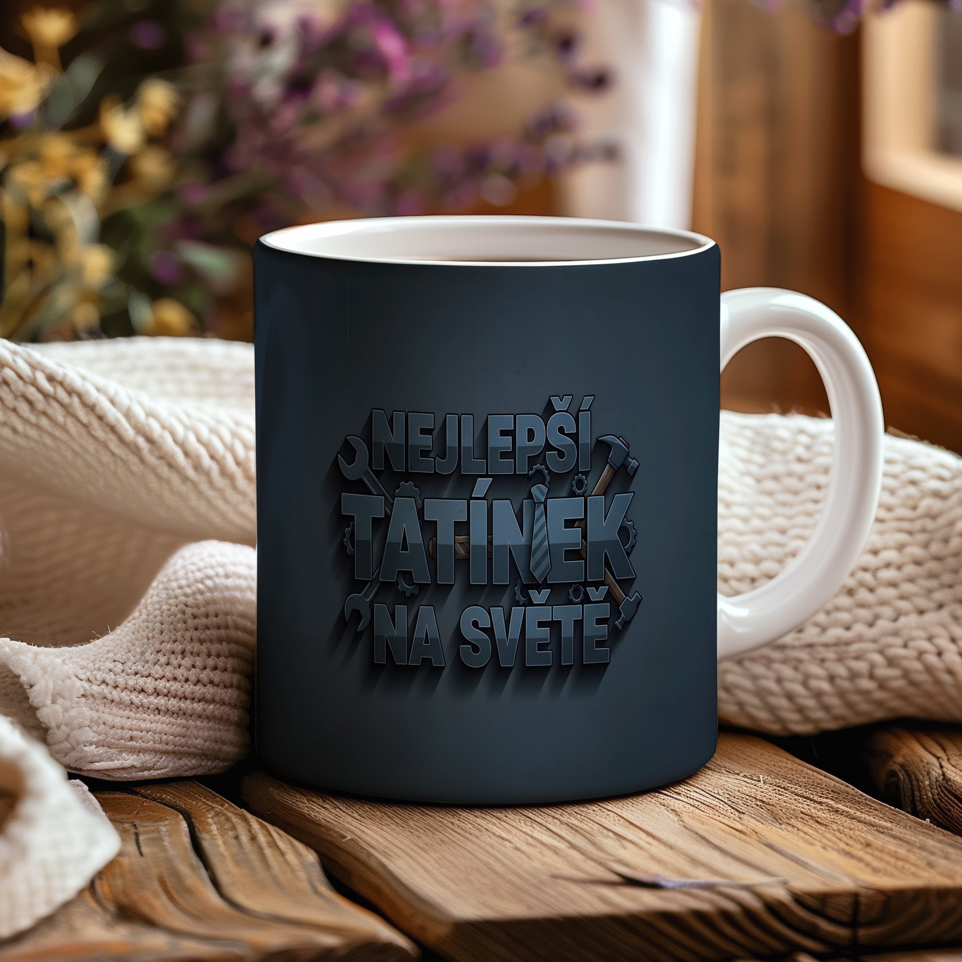 Tmavě modrý hrnek s nápisem NEJLEPŠÍ TATÍNEK NA SVĚTĚ a motivem nástrojů.