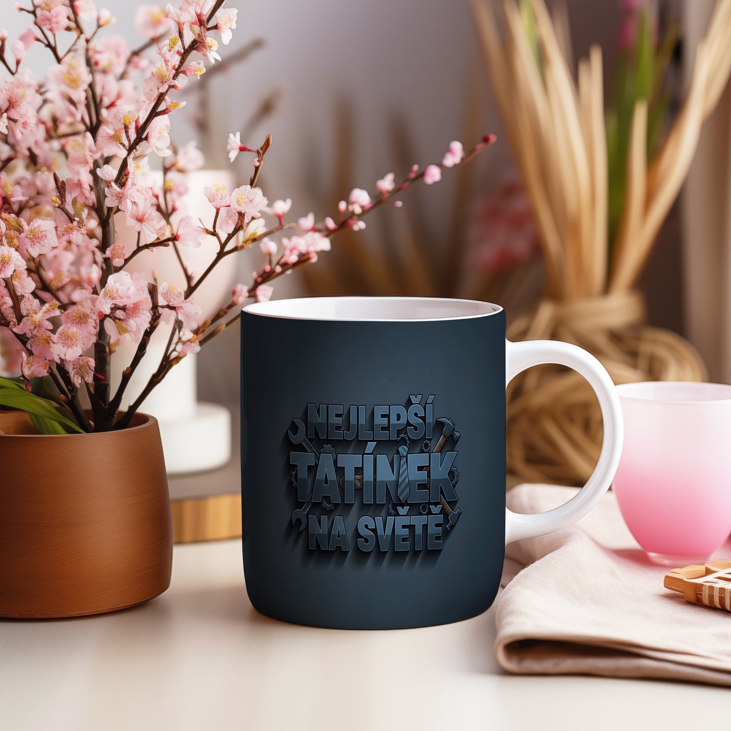 Tmavě modrý hrnek s nápisem NEJLEPŠÍ TATÍNEK NA SVĚTĚ a motivem nástrojů.