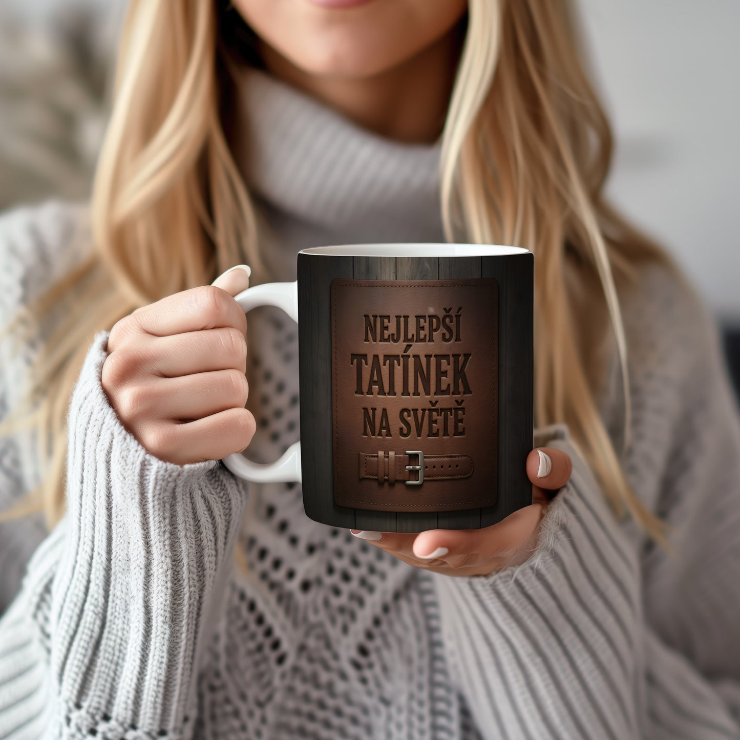 Hrnek s nápisem 'NEJLEPŠÍ TATÍNEK NA SVĚTĚ' v rustikálním designu s páskem.