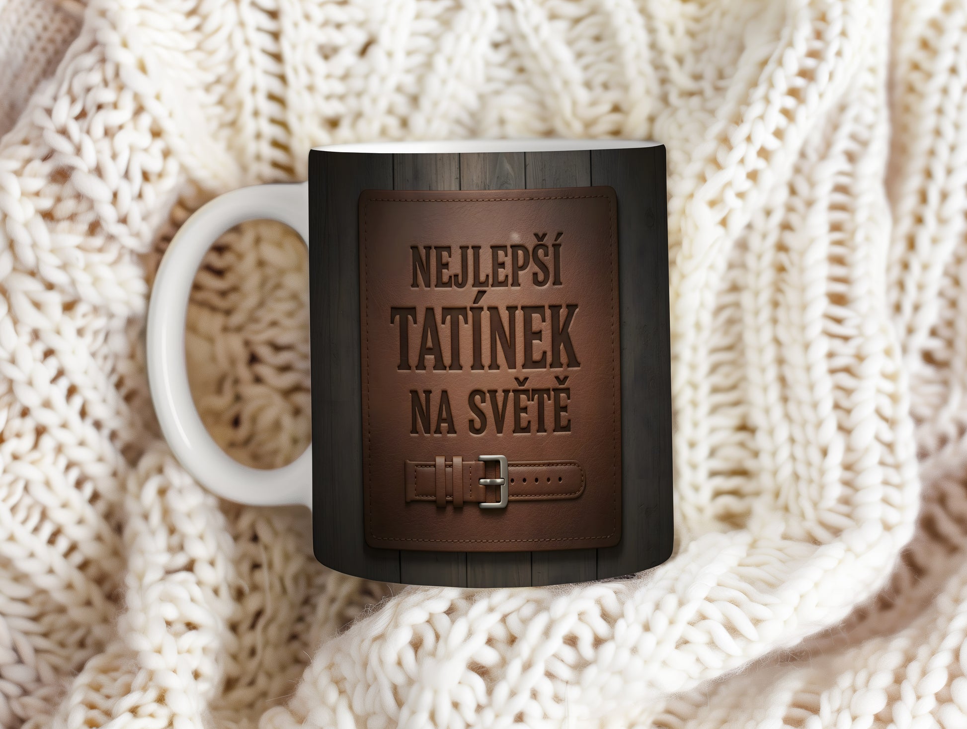 Hrnek s nápisem 'NEJLEPŠÍ TATÍNEK NA SVĚTĚ' v rustikálním designu s páskem.