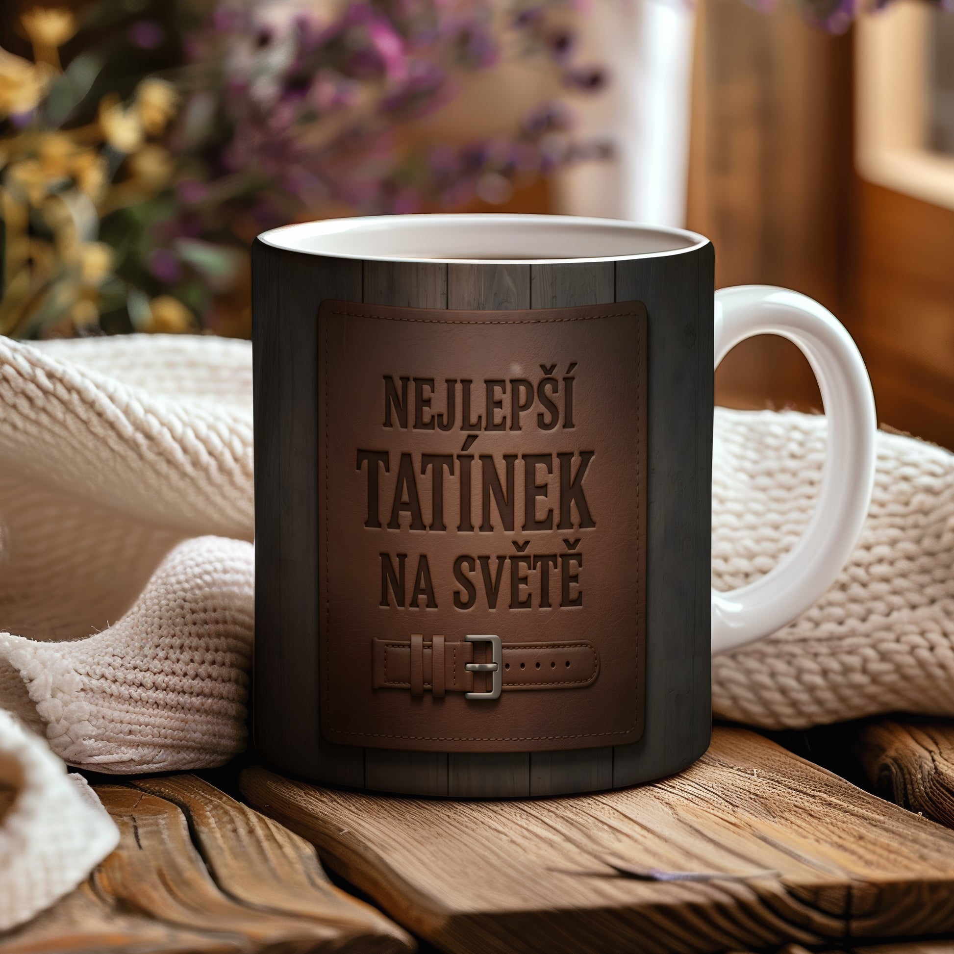 Hrnek s nápisem 'NEJLEPŠÍ TATÍNEK NA SVĚTĚ' v rustikálním designu s páskem.