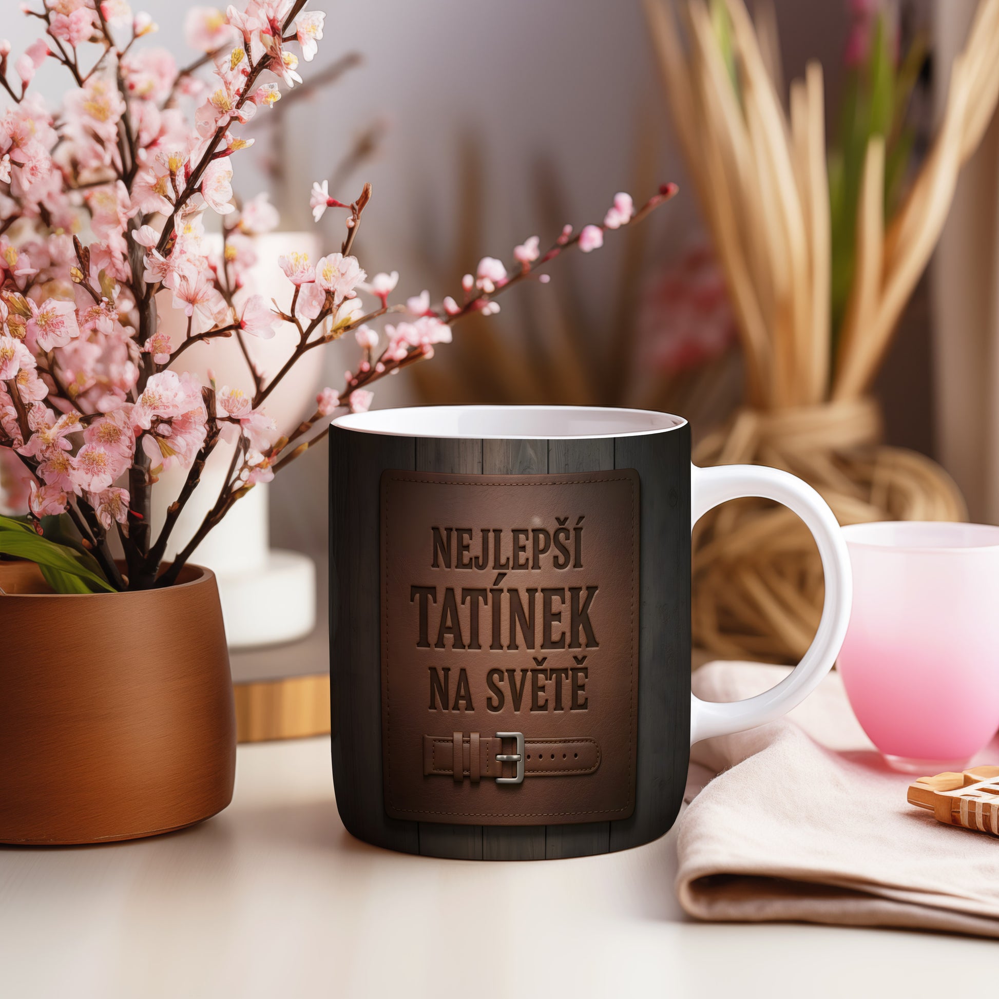 Hrnek s nápisem 'NEJLEPŠÍ TATÍNEK NA SVĚTĚ' v rustikálním designu s páskem.