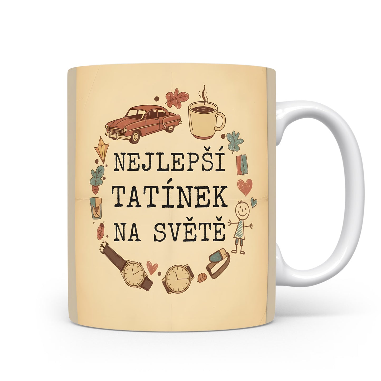 Béžový hrnek s motivem auta, hodinek a nápisem NEJLEPŠÍ TATÍNEK NA SVĚTĚ.