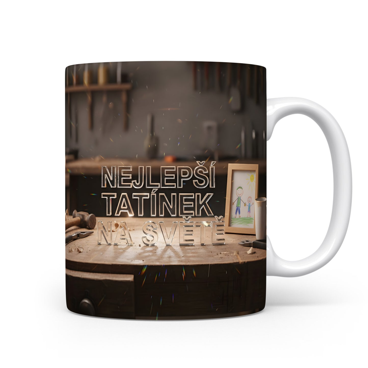 Hrnek s nápisem NEJLEPŠÍ TATÍNEK NA SVĚTĚ na dřevěném pozadí.