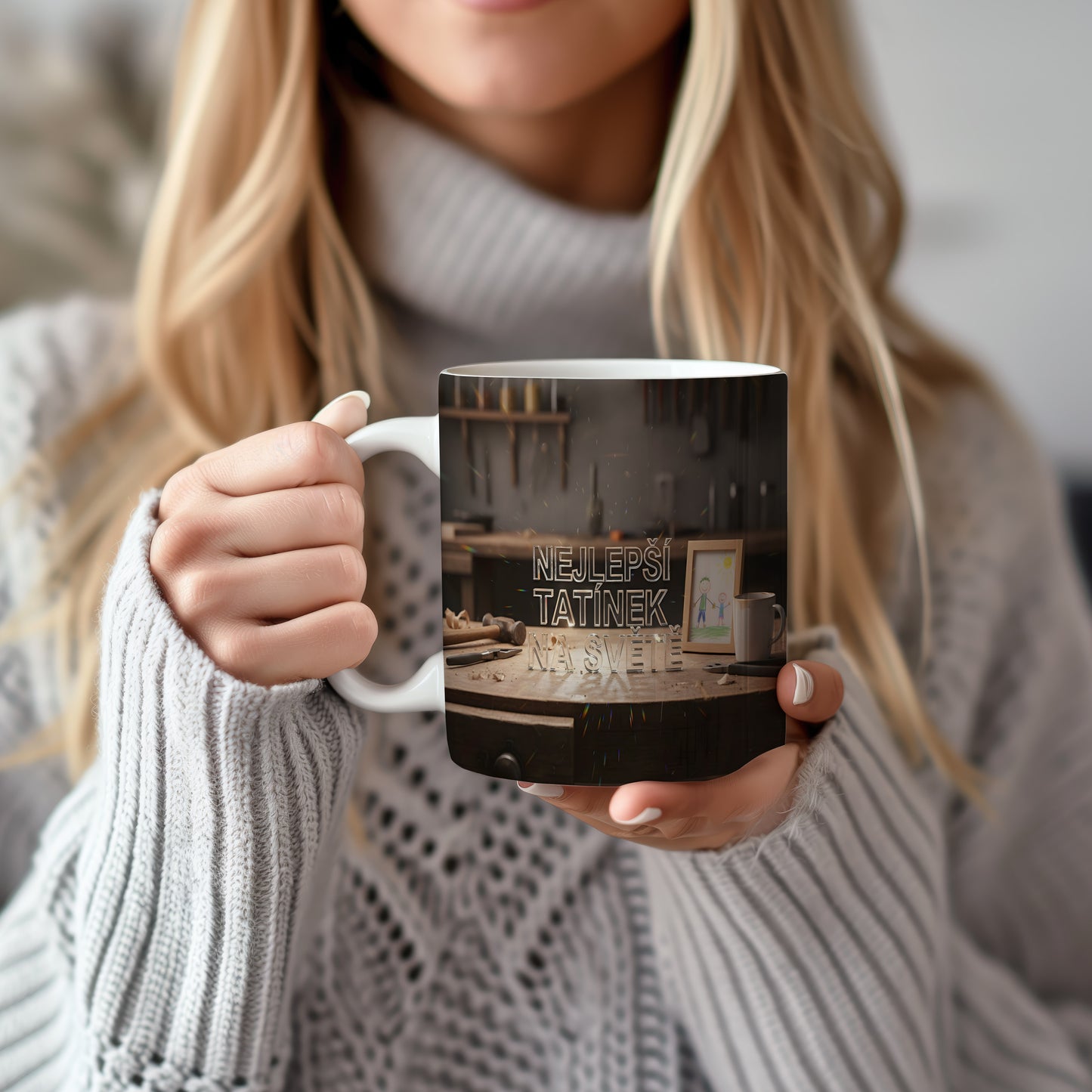 Hrnek s nápisem NEJLEPŠÍ TATÍNEK NA SVĚTĚ na dřevěném pozadí.