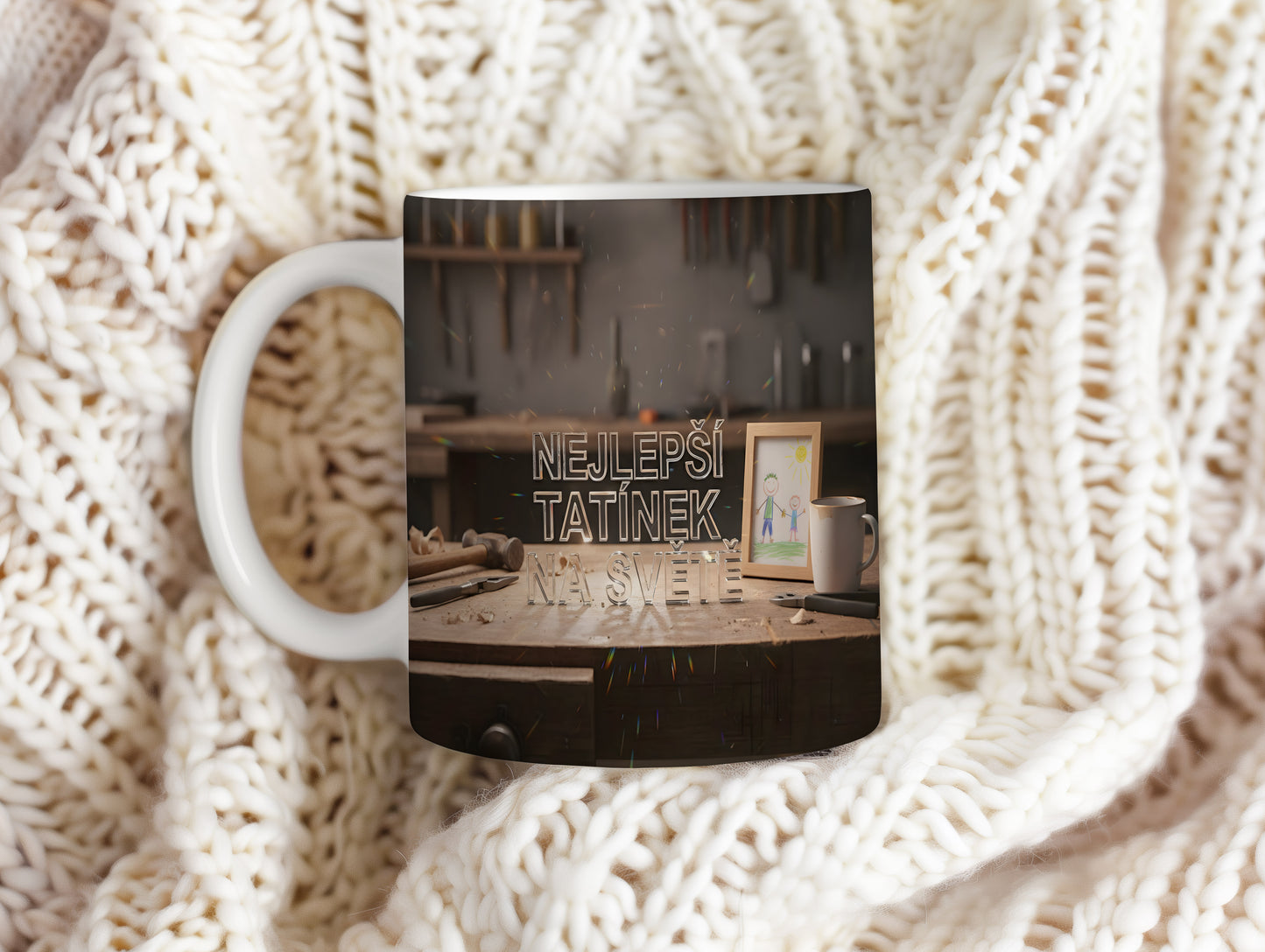 Hrnek s nápisem NEJLEPŠÍ TATÍNEK NA SVĚTĚ na dřevěném pozadí.