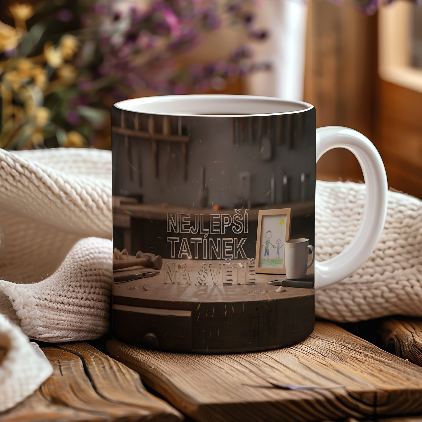 Hrnek s nápisem NEJLEPŠÍ TATÍNEK NA SVĚTĚ na dřevěném pozadí.