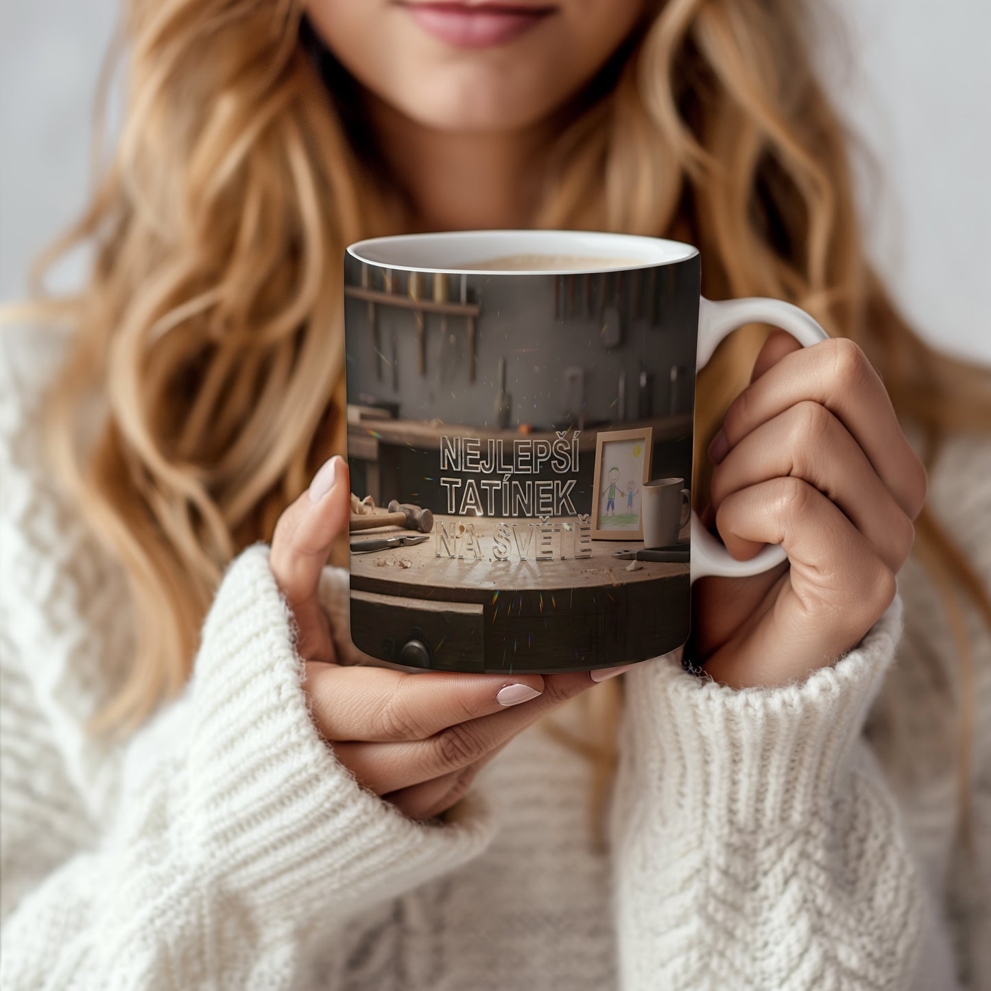 Hrnek s nápisem NEJLEPŠÍ TATÍNEK NA SVĚTĚ na dřevěném pozadí.