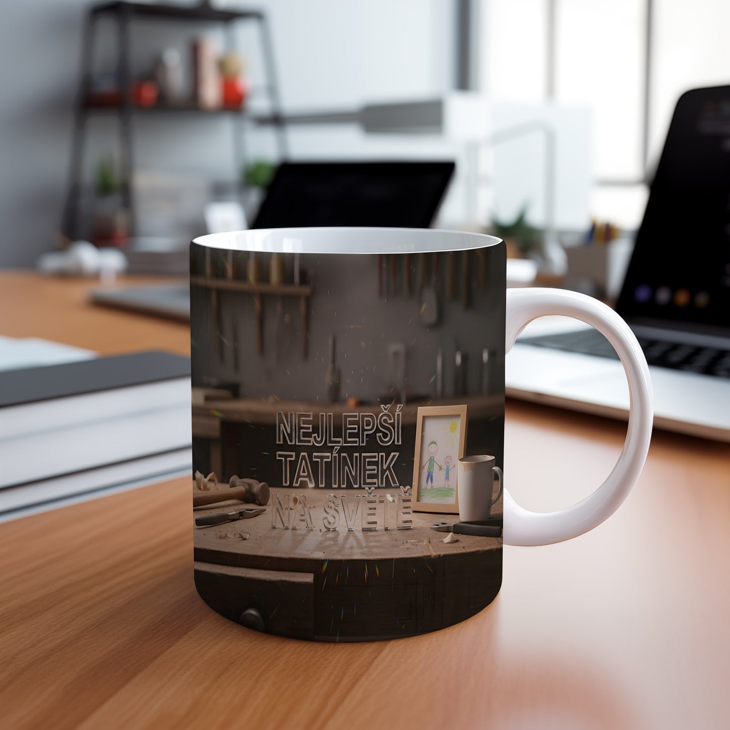 Hrnek s nápisem NEJLEPŠÍ TATÍNEK NA SVĚTĚ na dřevěném pozadí.