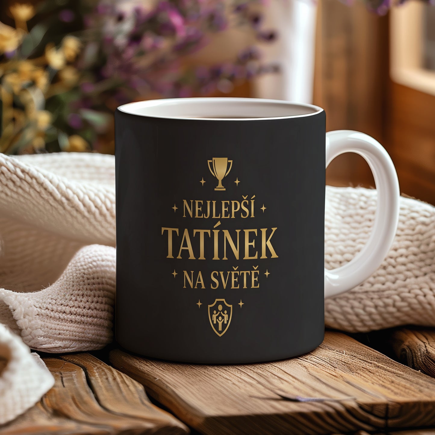 Černý hrnek se zlatým nápisem 'NEJLEPŠÍ TATÍNEK NA SVĚTĚ' a trofejí.