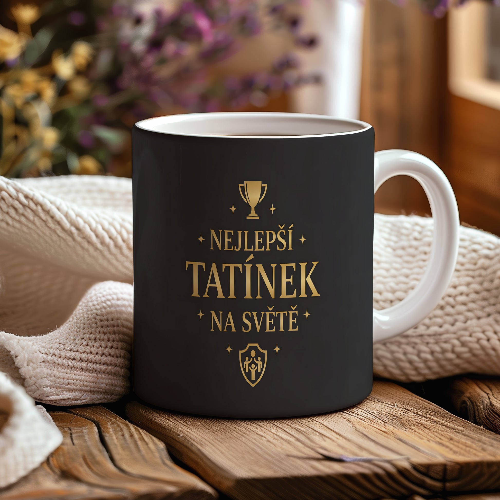 Černý hrnek se zlatým nápisem 'NEJLEPŠÍ TATÍNEK NA SVĚTĚ' a trofejí.