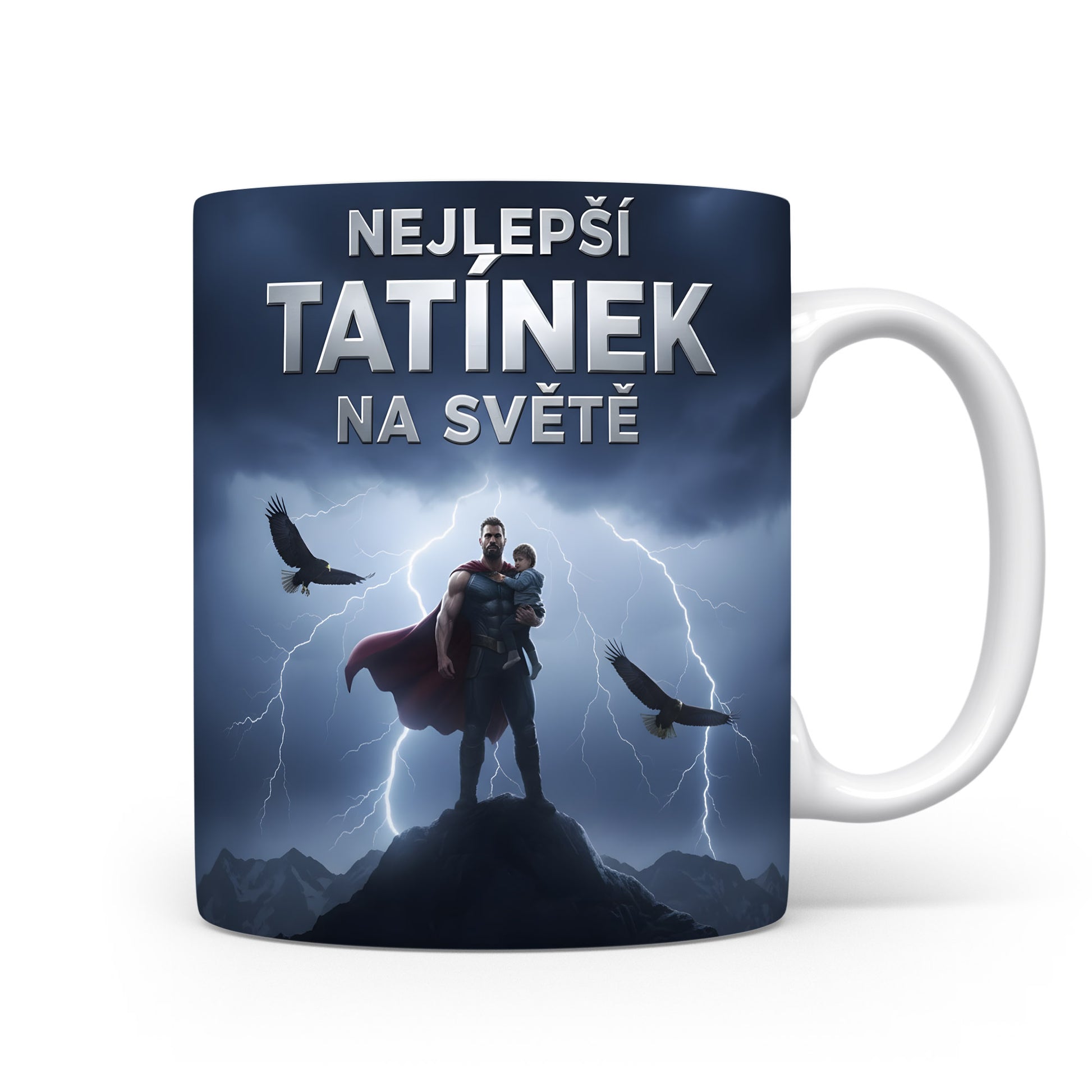 Hrnek s motivem superhrdiny a nápisem NEJLEPŠÍ TATÍNEK NA SVĚTĚ.