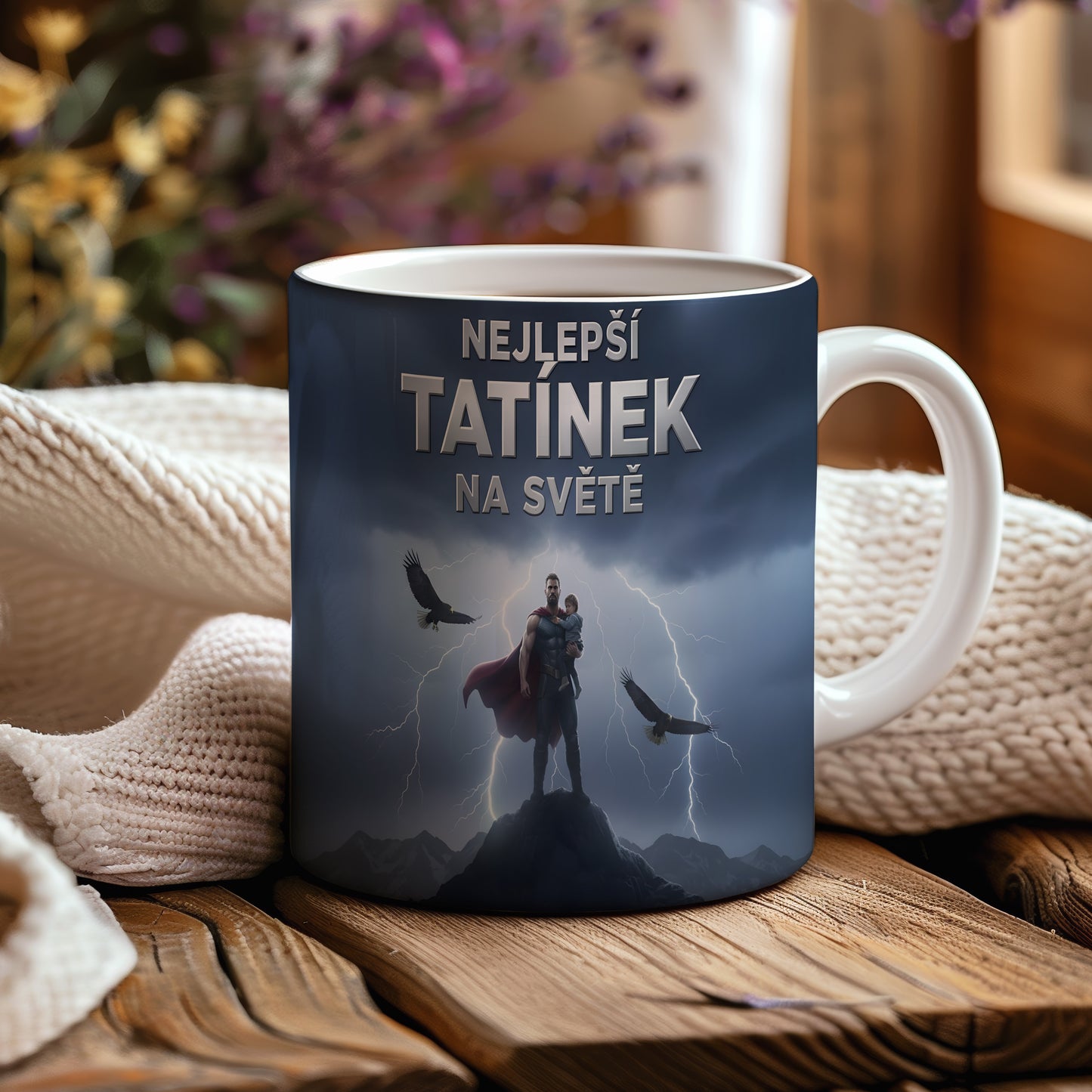 Hrnek s motivem superhrdiny a nápisem NEJLEPŠÍ TATÍNEK NA SVĚTĚ.