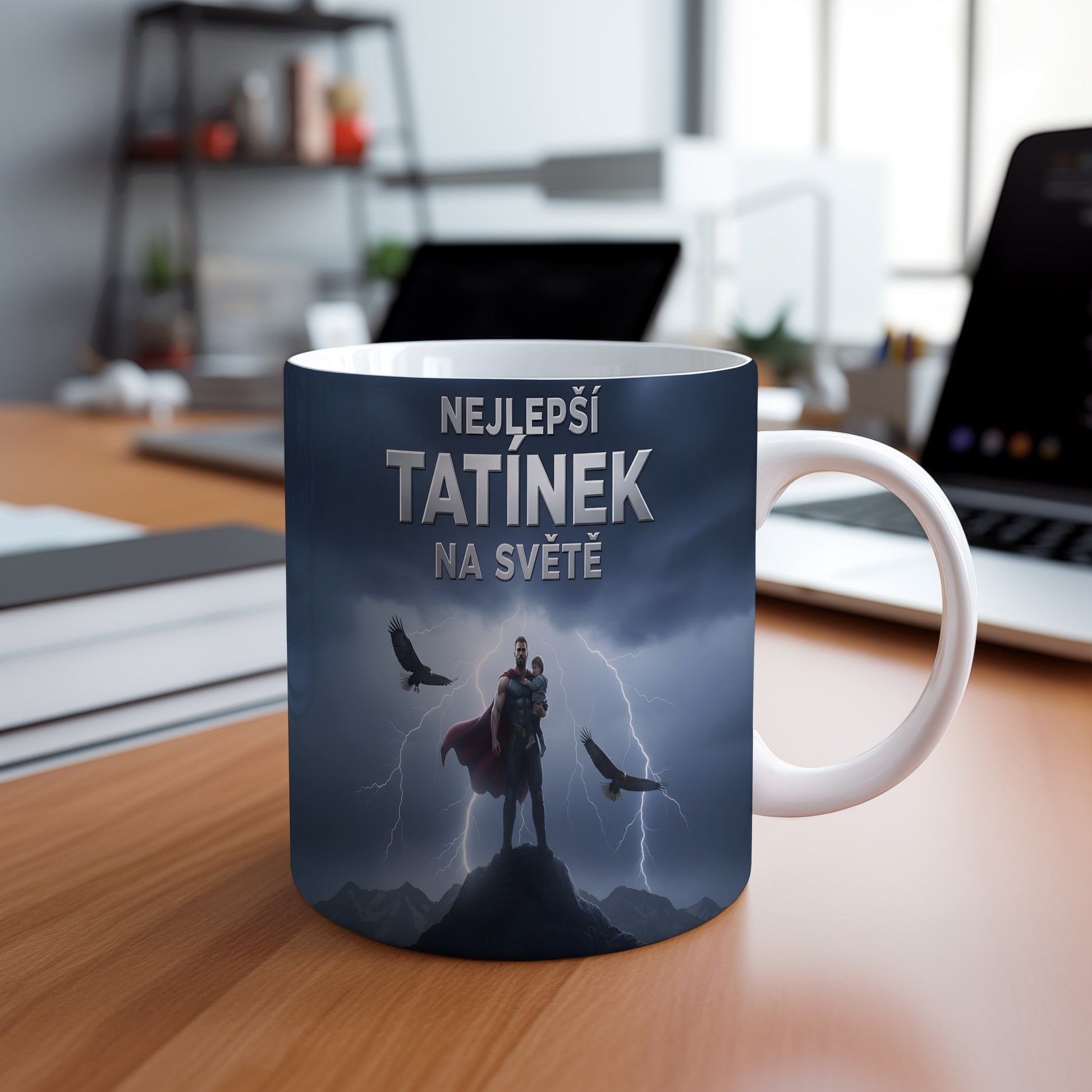 Hrnek s motivem superhrdiny a nápisem NEJLEPŠÍ TATÍNEK NA SVĚTĚ.