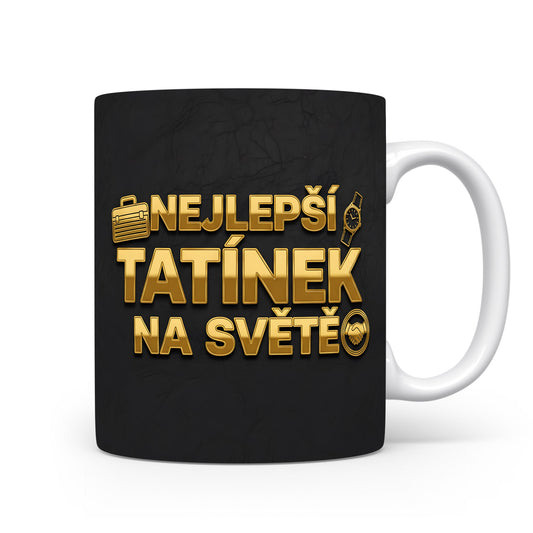 Černý hrnek se zlatým nápisem 'NEJLEPŠÍ TATÍNEK NA SVĚTĚ' a ikonami hodinek a kufříku.