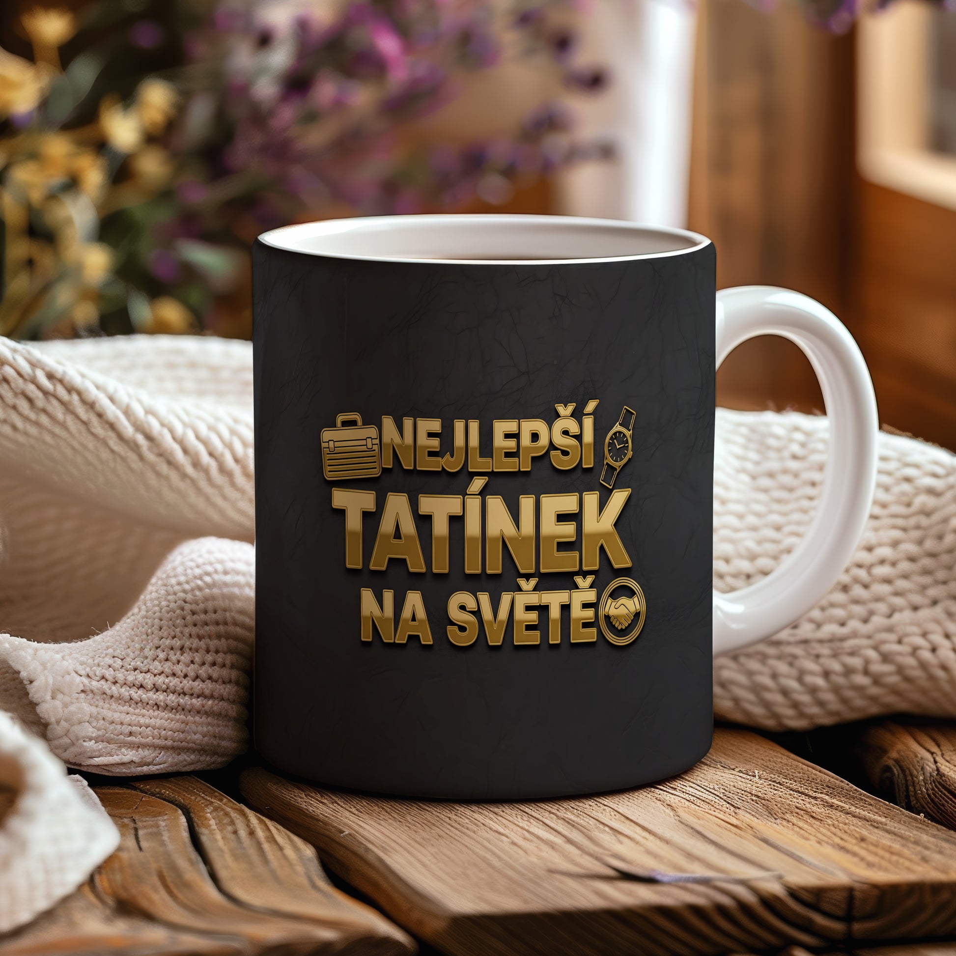 Černý hrnek se zlatým nápisem 'NEJLEPŠÍ TATÍNEK NA SVĚTĚ' a ikonami hodinek a kufříku.