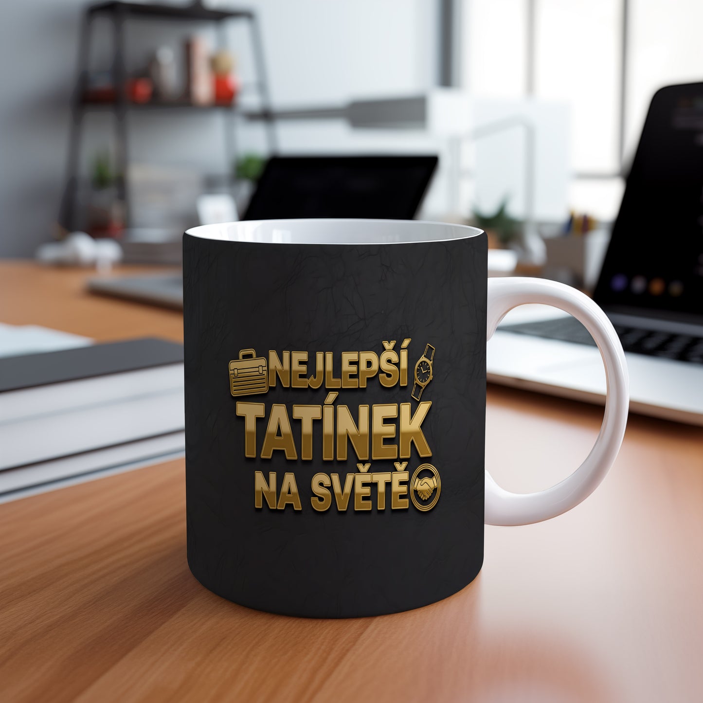 Černý hrnek se zlatým nápisem 'NEJLEPŠÍ TATÍNEK NA SVĚTĚ' a ikonami hodinek a kufříku.