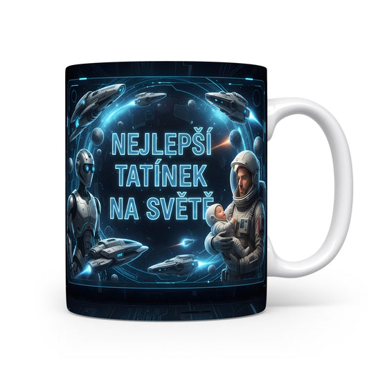 Hrnek s motivem astronauta a vesmírných lodí.