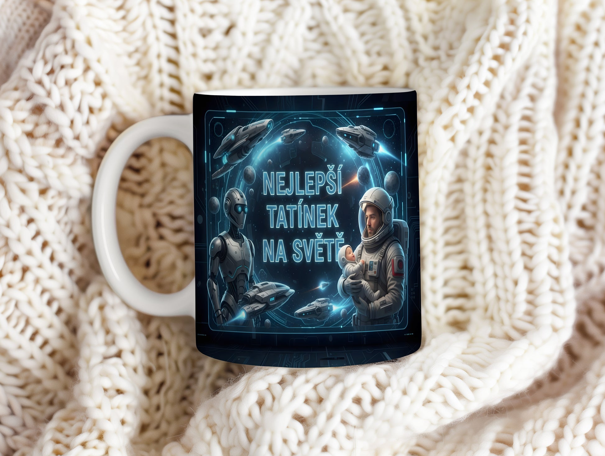Hrnek s motivem astronauta a vesmírných lodí.