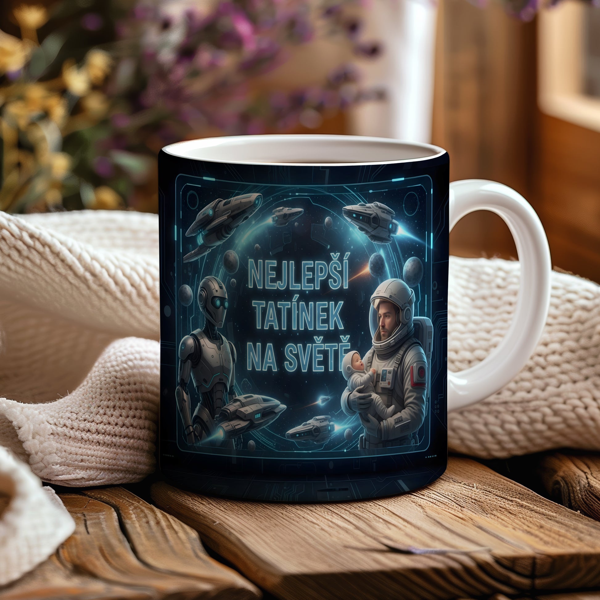 Hrnek s motivem astronauta a vesmírných lodí.