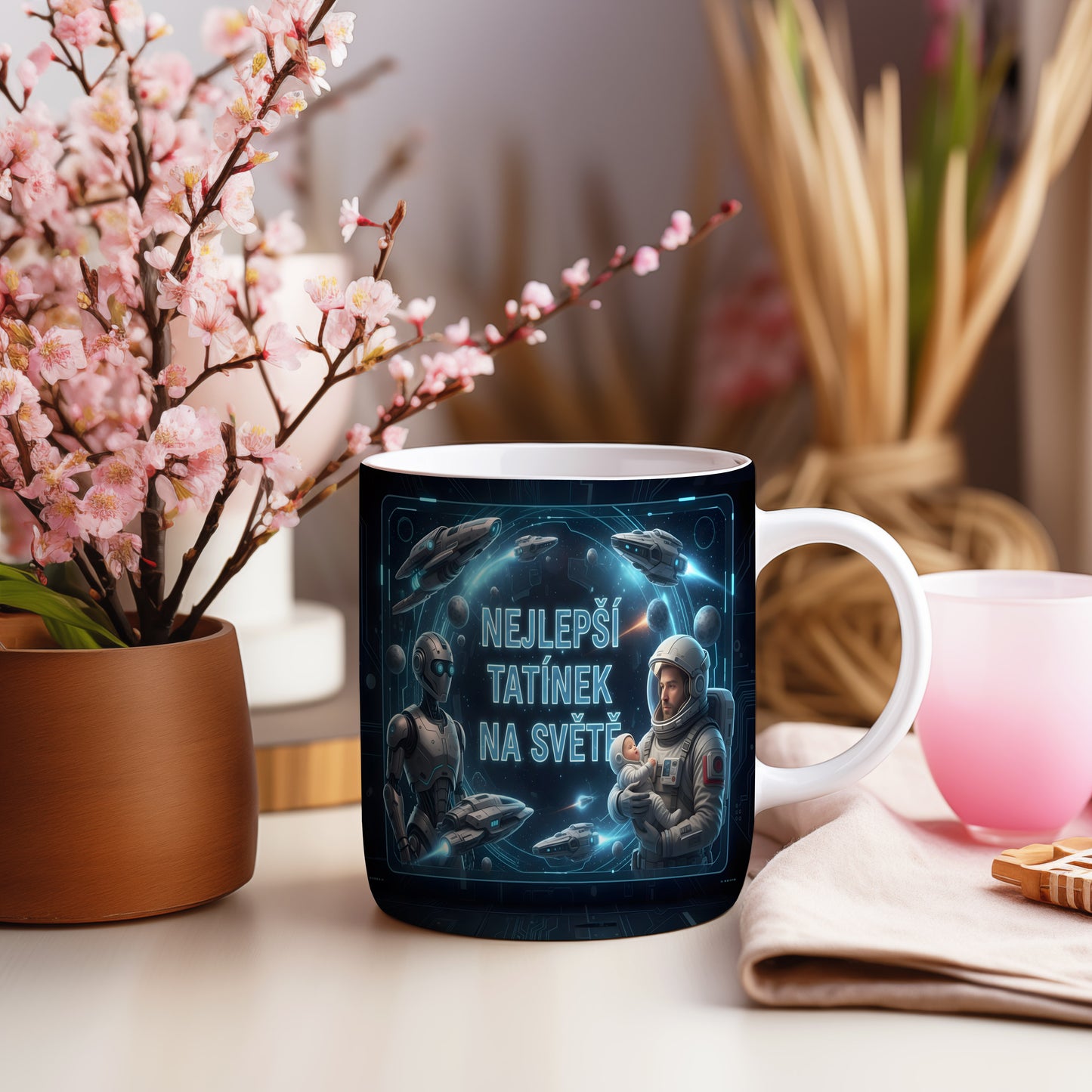 Hrnek s motivem astronauta a vesmírných lodí.