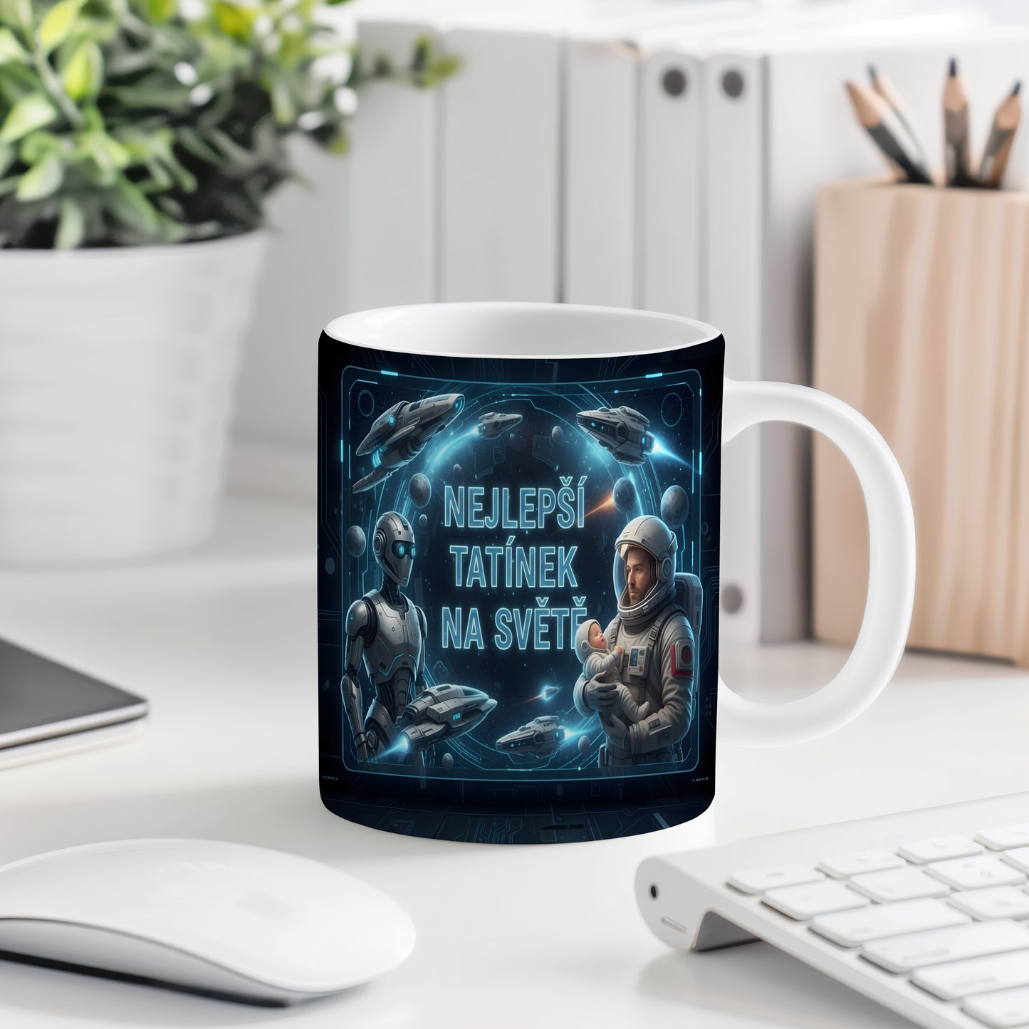 Hrnek s motivem astronauta a vesmírných lodí.